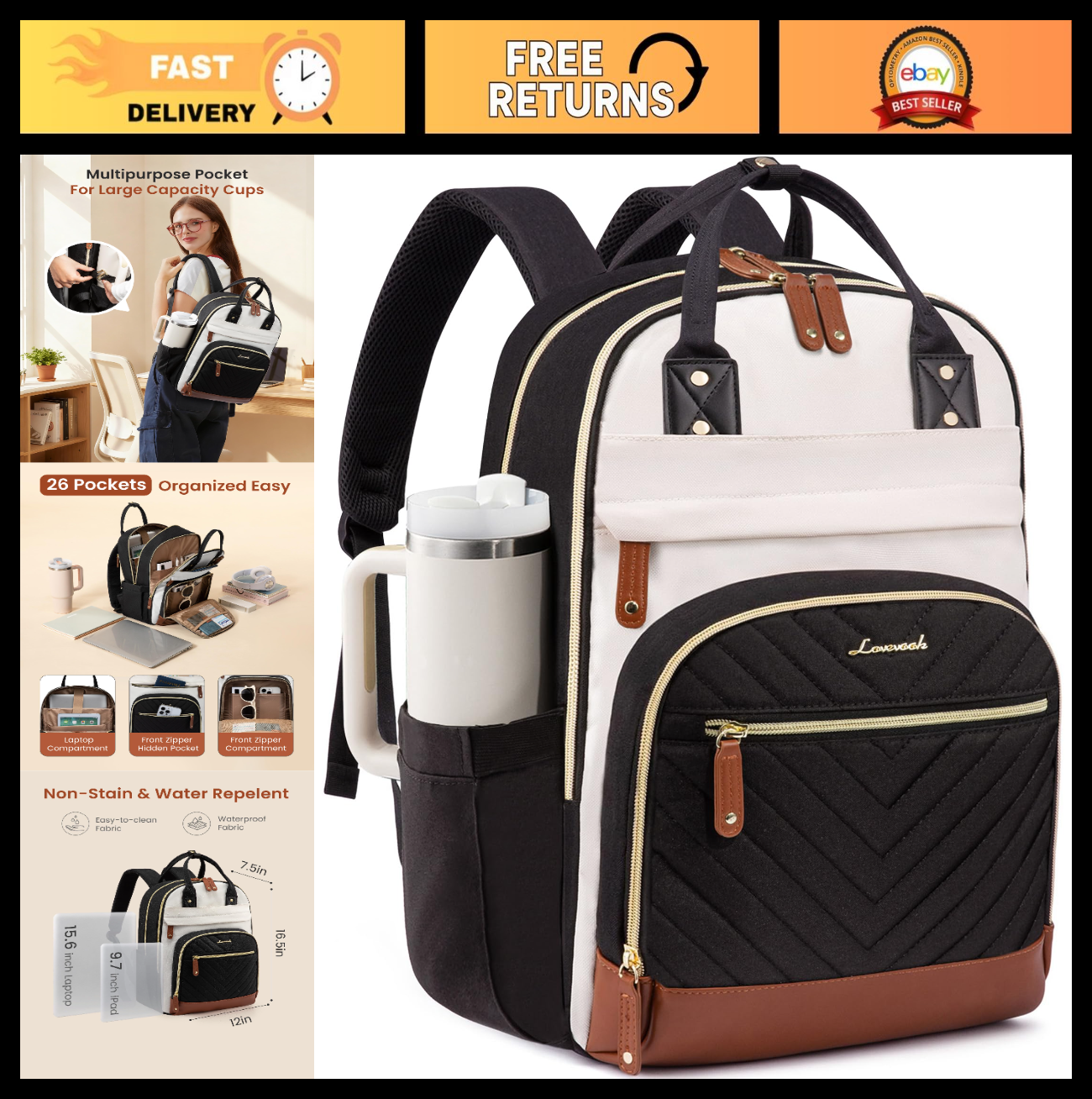 Stylish Waterproof Laptop Backpack for Women, 15.6" with Tumbler Holder, Ideal f0