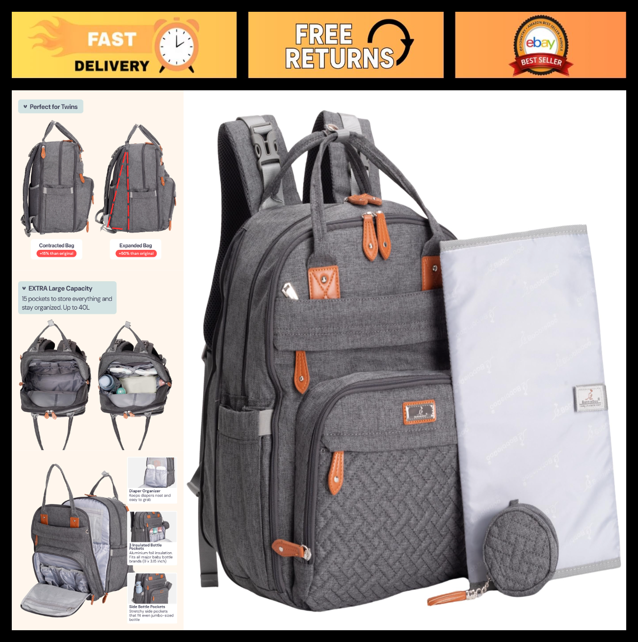 Extra Large Expandable Diaper Bag Backpack   Travel Baby Tote with Changing Pad,0
