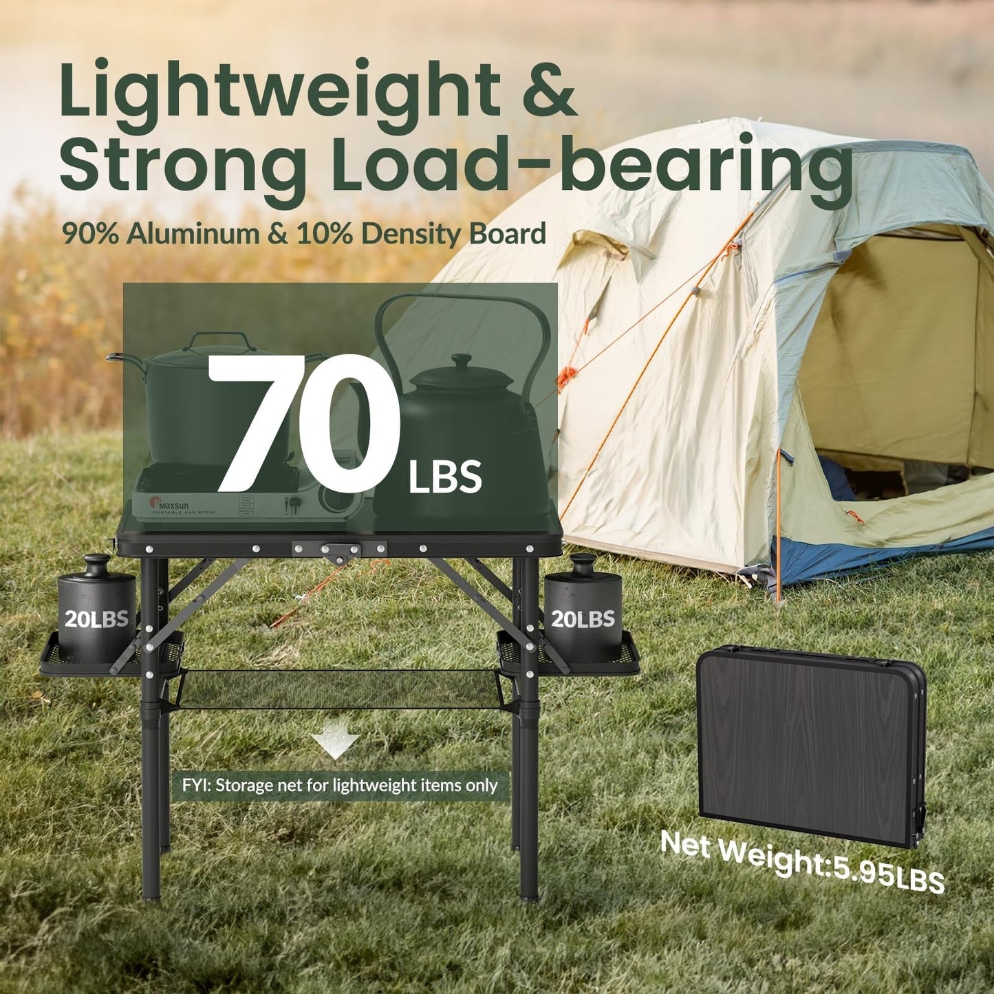 Portable Folding Camping Table 2ft with Side Racks & Storage Net - Lightweight P6