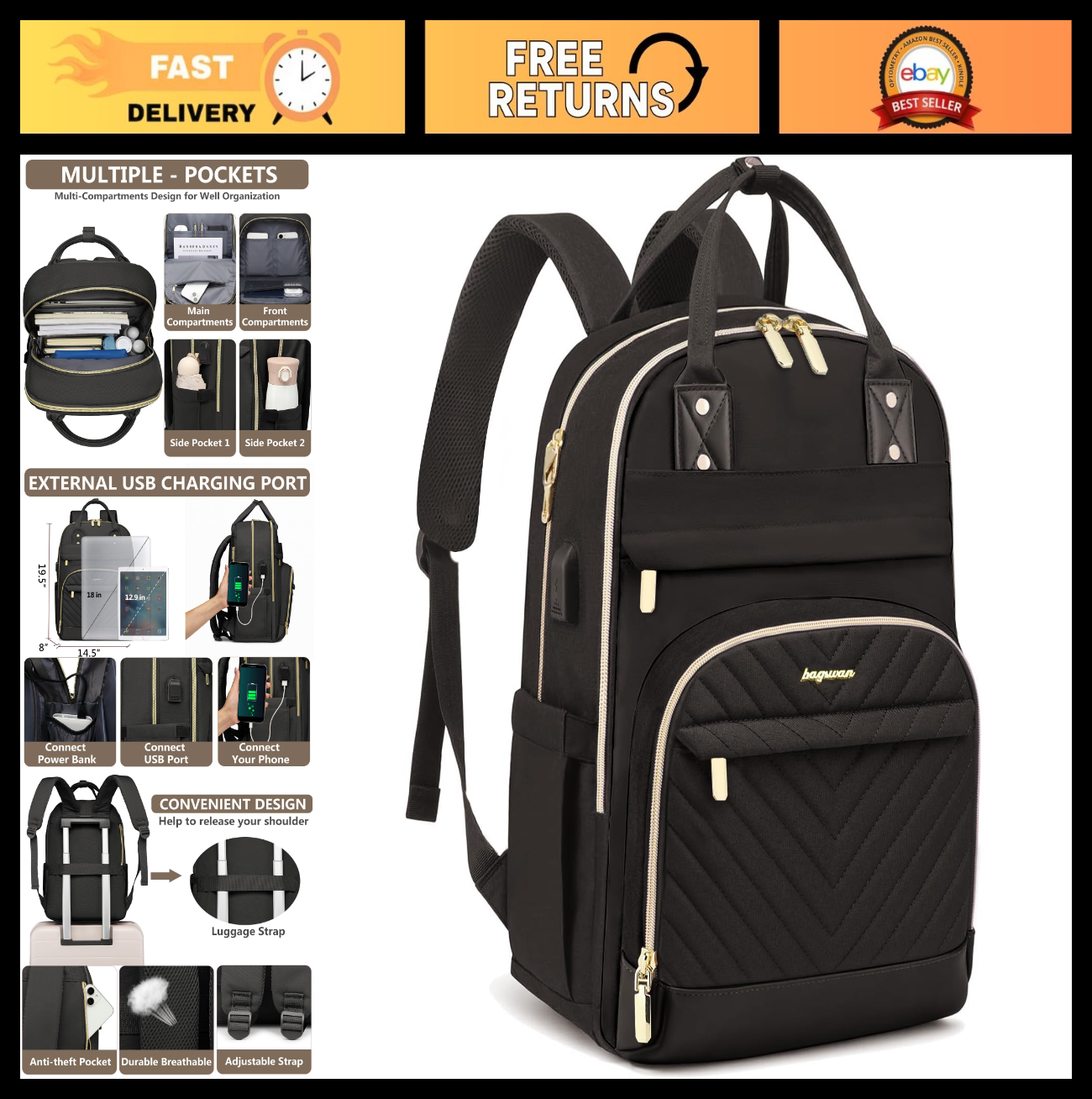 Stylish 18" Laptop Backpack for Women   Work & Travel Bag with USB Charger0