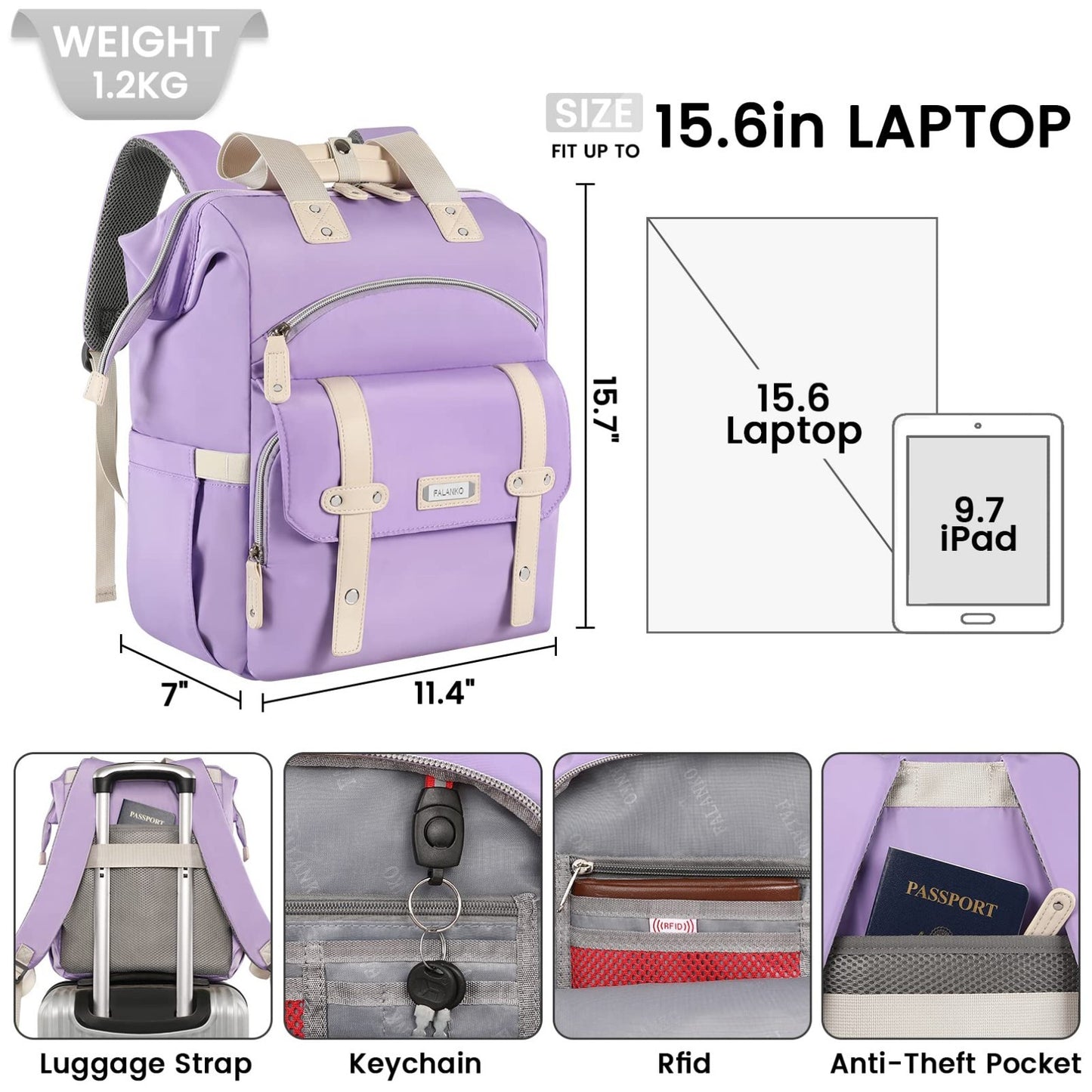 Stylish Water Resistant Laptop Backpack for Women, Fits 15.6" Laptops, RFID Safe2