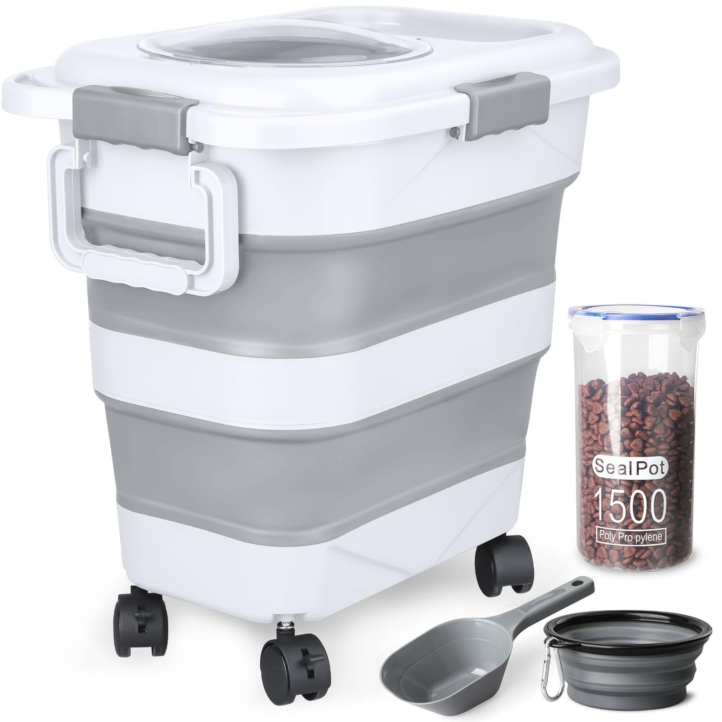Airtight Dog & Cat Food Storage Container 10 25 lbs, Collapsible, Wheels & Scoop0