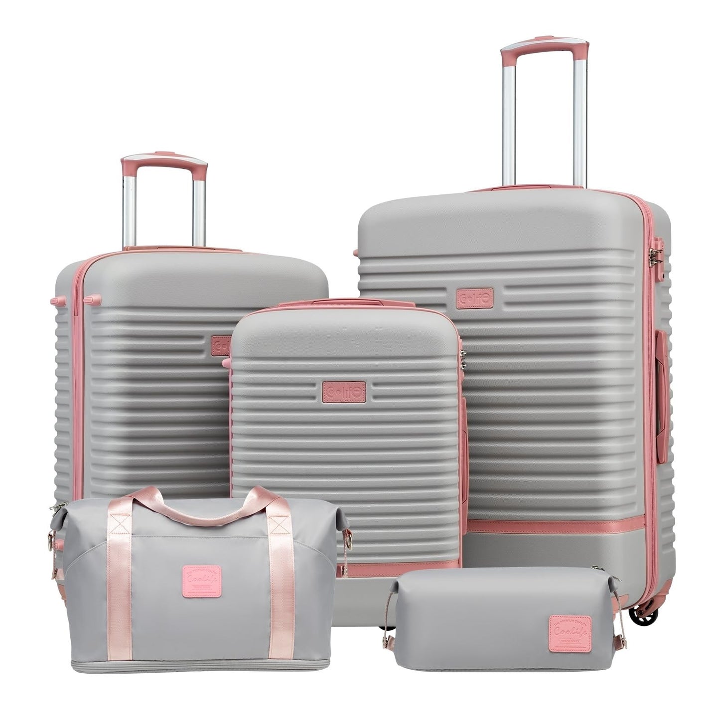 5-Piece Carry-On Luggage Set, Gray Pink - 360° Spinner Wheels, Trolley Sleeve, W1
