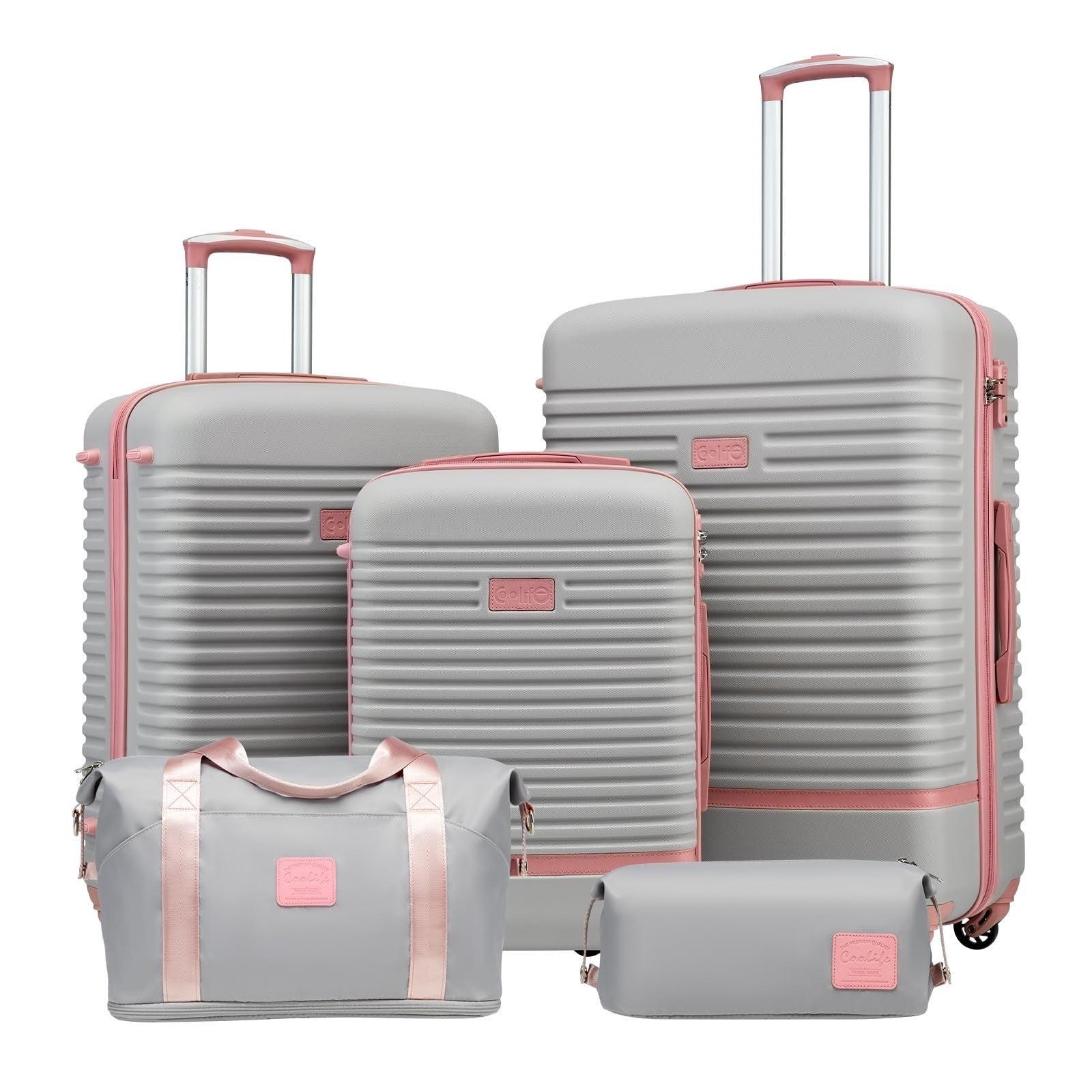 5-Piece Carry-On Luggage Set, Gray Pink - 360° Spinner Wheels, Trolley Sleeve, W1