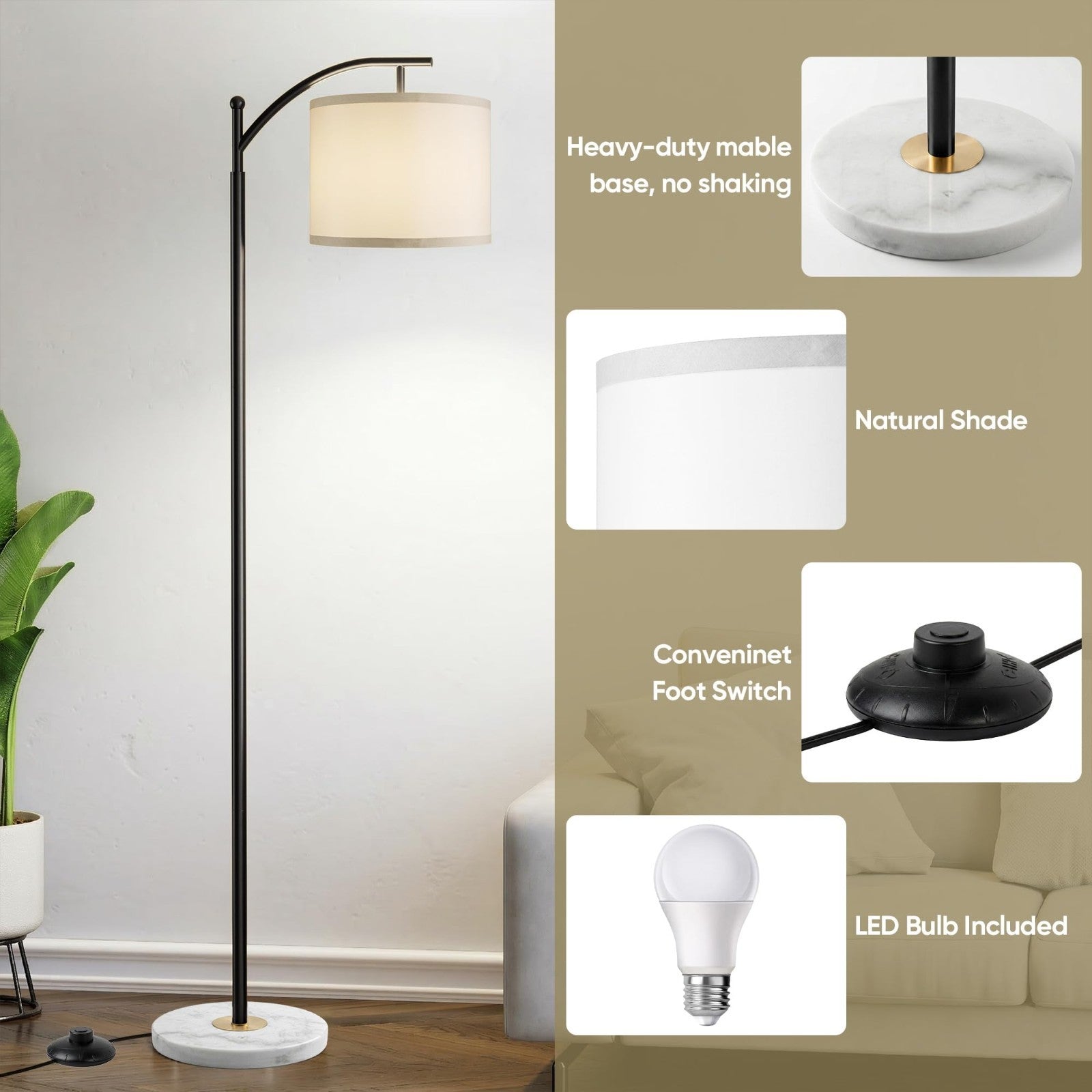 Modern Floor Lamp with Marble Base, Adjustable Linen Shade & 3 Color Temperature4
