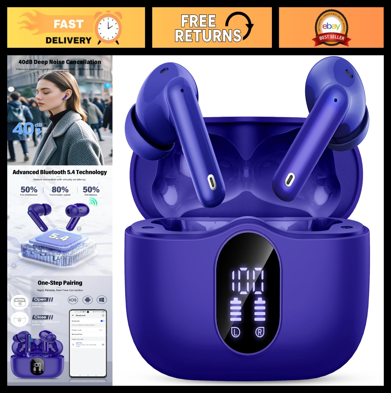 Bluetooth 5.4 Wireless Earbuds, Noise Cancelling, 36H Playtime, IP7 Waterproof,0