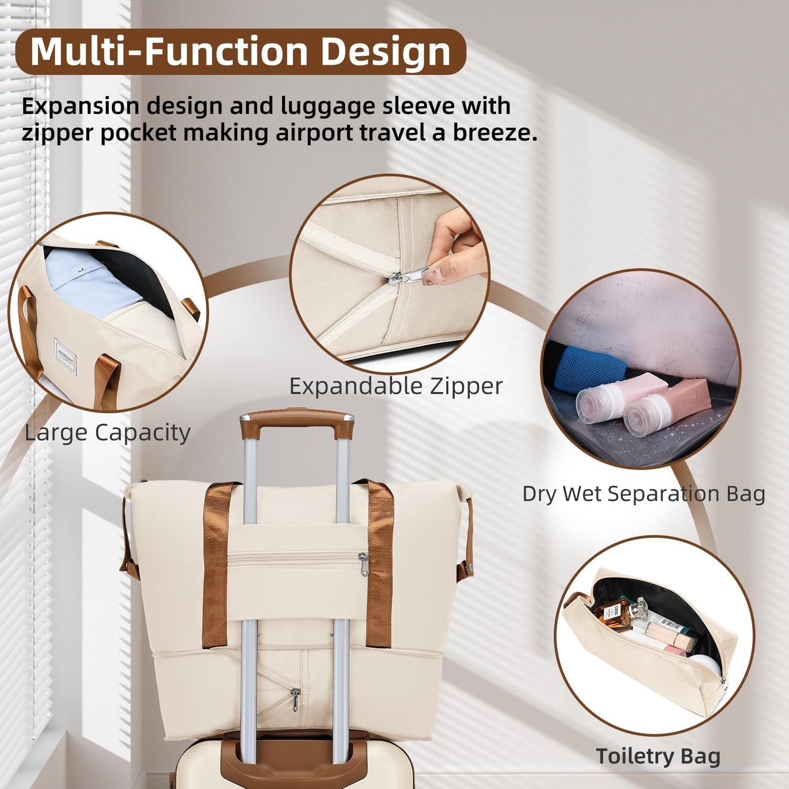 Expandable 6-Piece Luggage Set, Cream/Brown, Lightweight ABS, TSA Lock, 360° Whe6