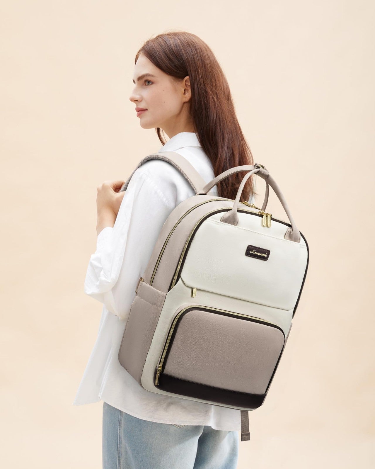 Stylish 15.6" Laptop Backpack with Tumbler Holder, Waterproof College Bag, Beige2