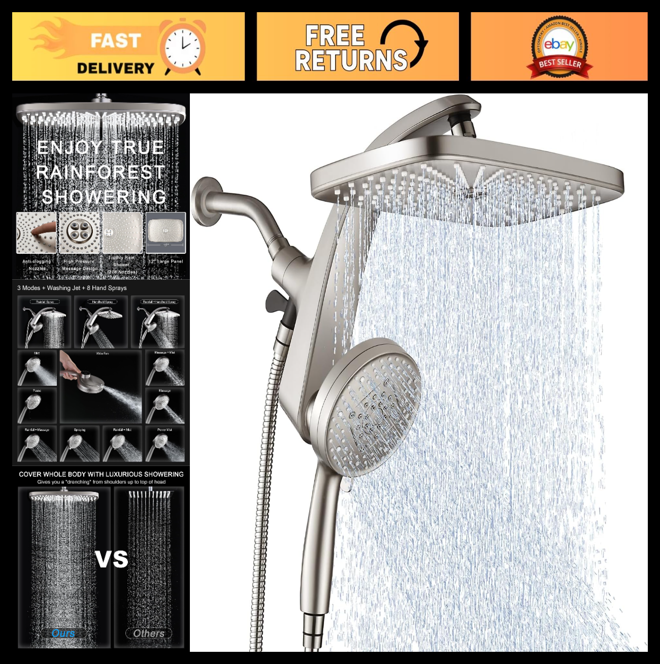 12" High Pressure Rain Shower Head & Handheld Combo, 9 Spray Settings, Magnetic0