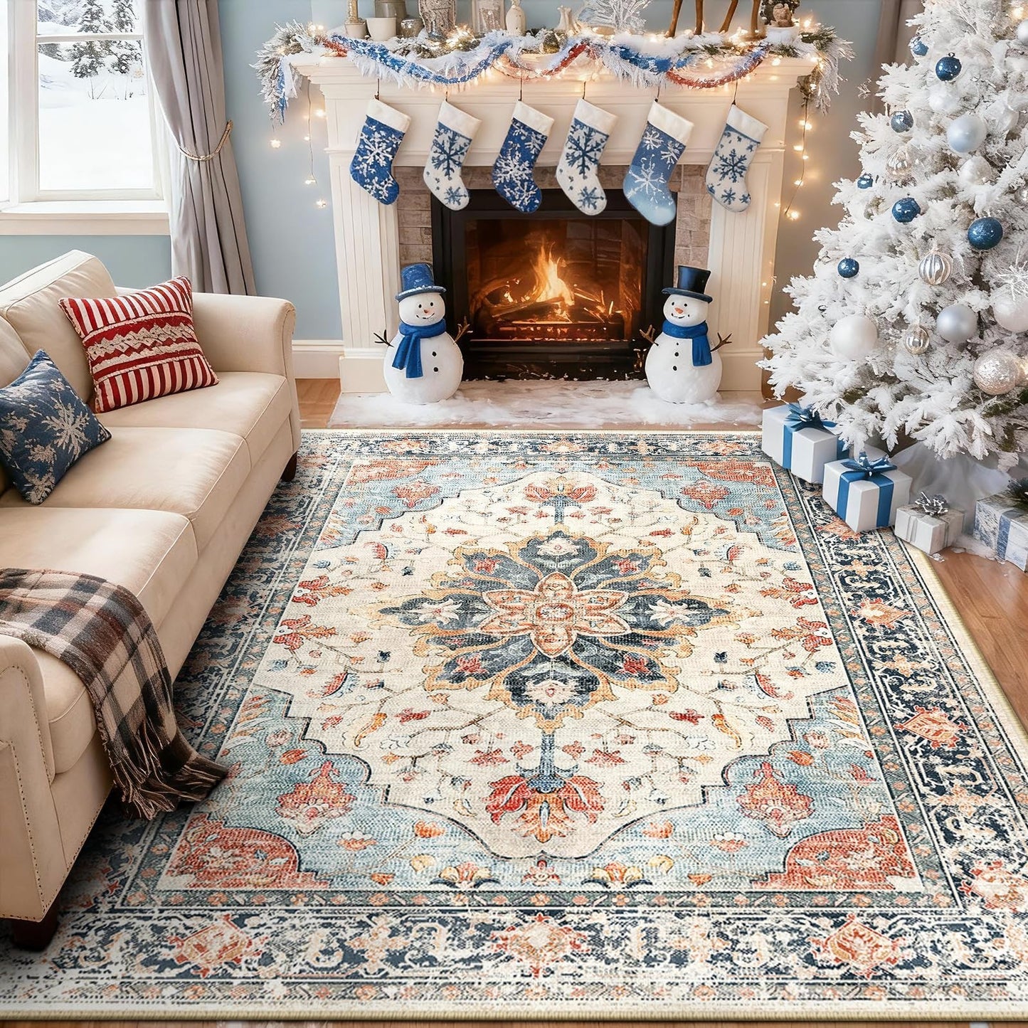 Washable 8'x10' Area Rug   Non Slip, Water Repellent, Pet Friendly, Vintage Flor2