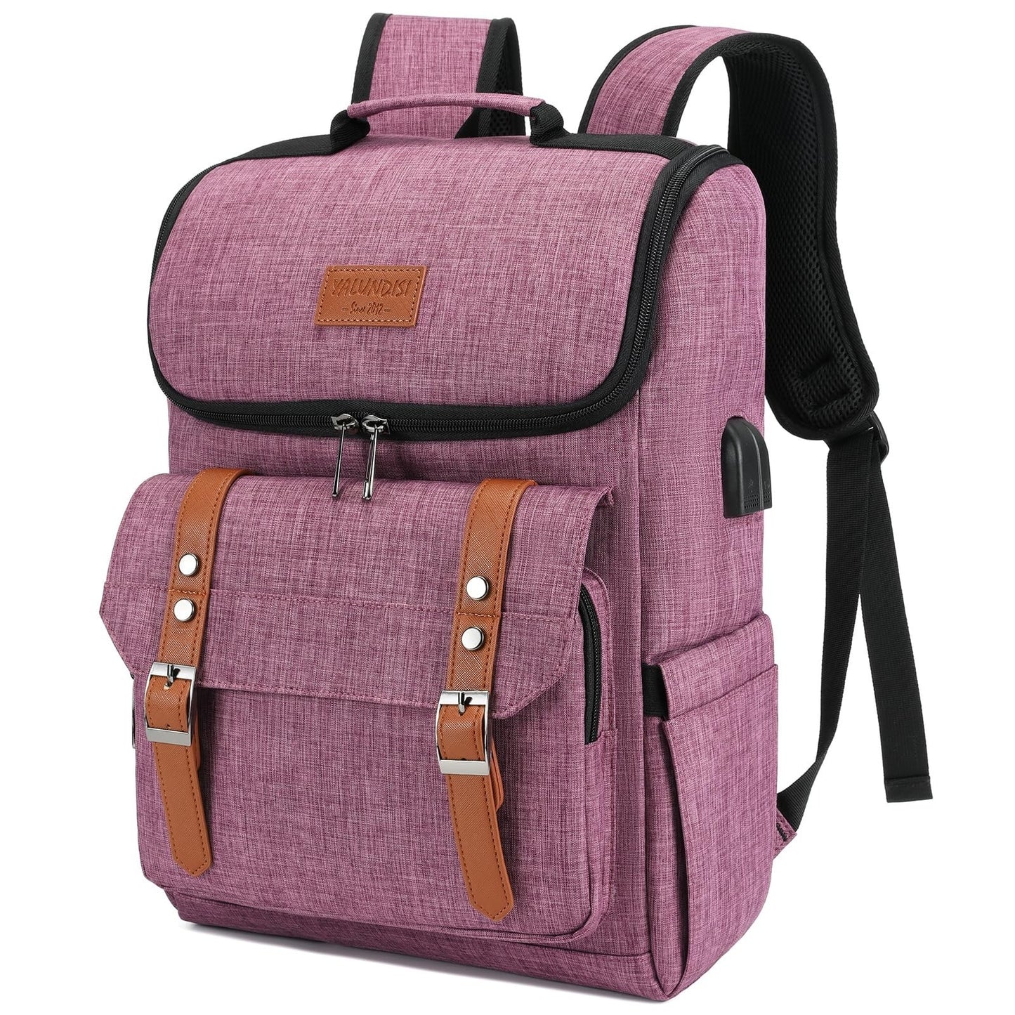 Vintage Travel Laptop Backpack with USB Charging Port, Fits 15.6" - Purple/Brown1