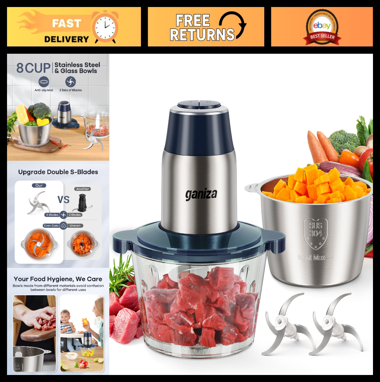 Food Processor with 2 Bowls, 450W Meat Grinder & Vegetable Chopper, Multi-Functi0
