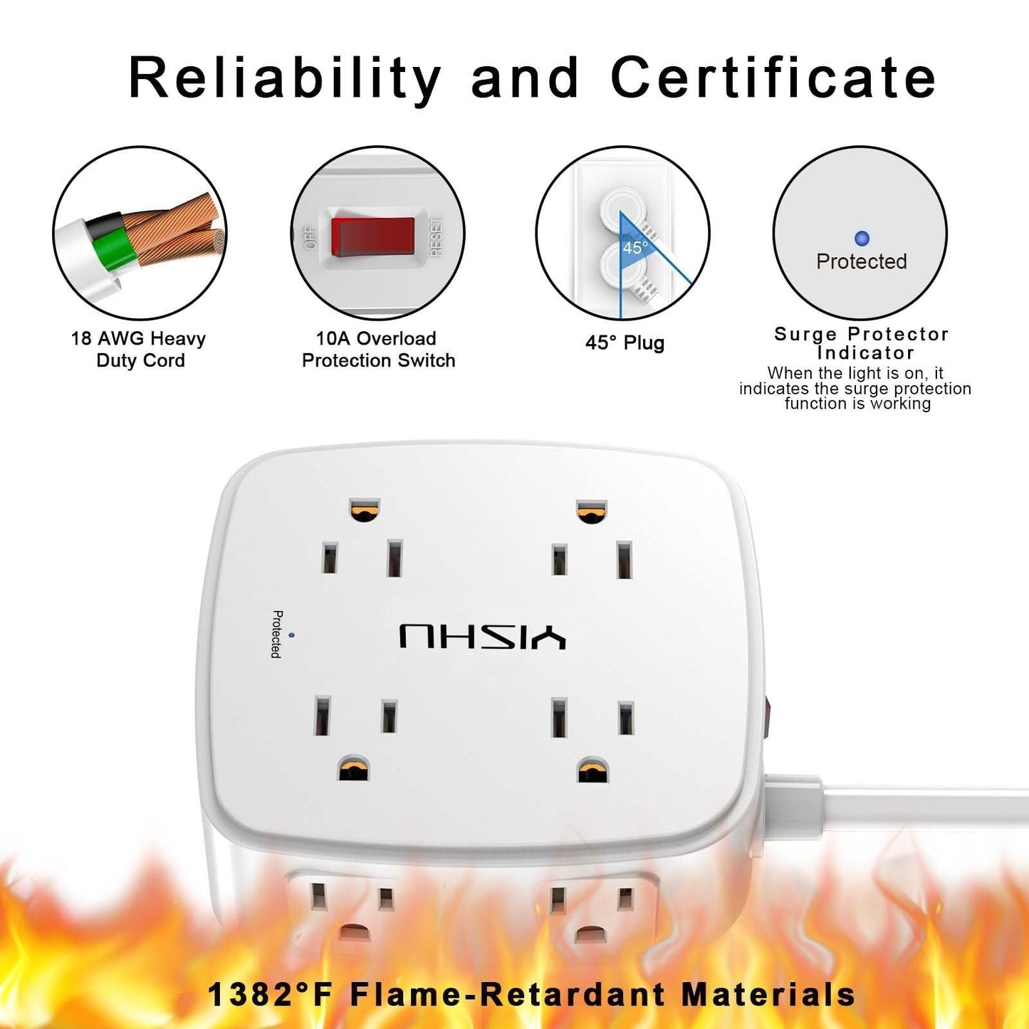20ft Surge Protector Power Strip, 8 Outlets & 4 USB Ports, Flat Plug, Wall Mount5