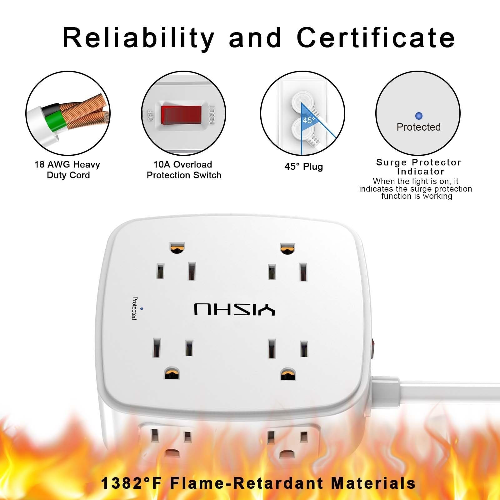 20ft Surge Protector Power Strip, 8 Outlets & 4 USB Ports, Flat Plug, Wall Mount5