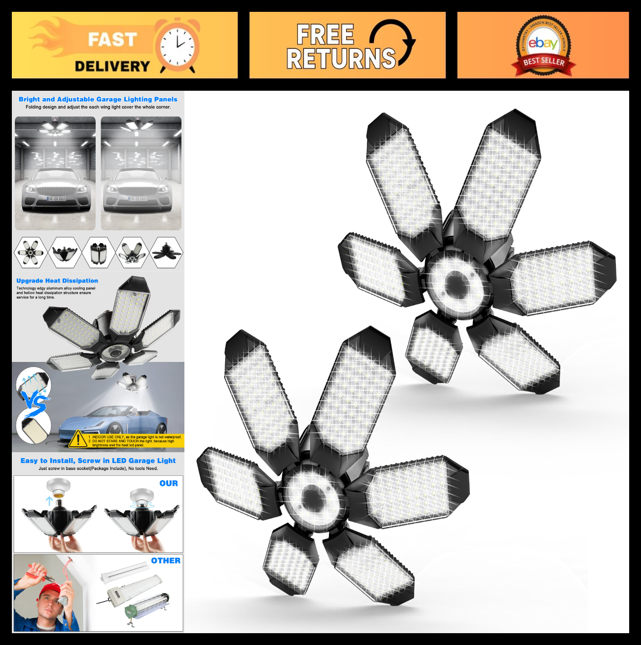 Super Bright 32000LM LED Garage Lights   2 Pack, 6500K Deformable Ceiling Light0
