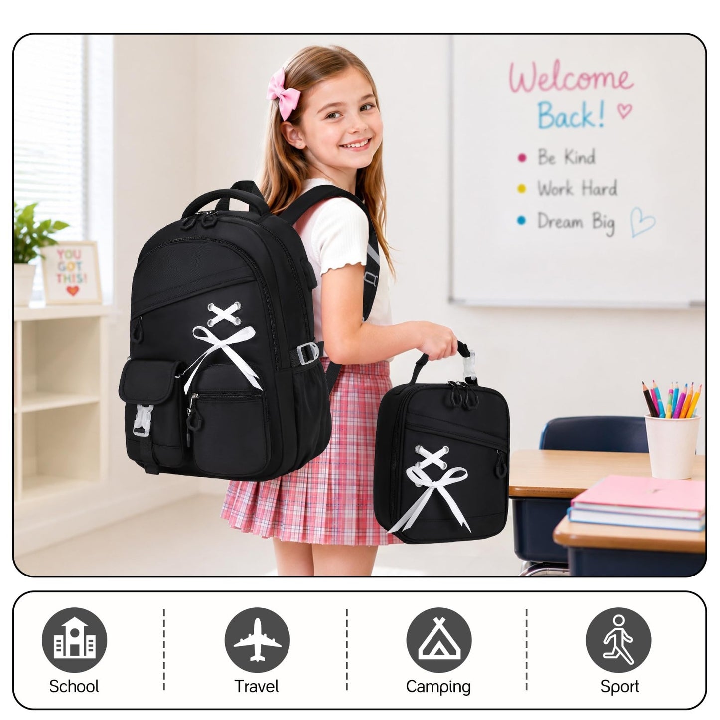 3PCS Girls School Backpack Set with Lunch Box & Pencil Pouch   Stylish & Durable5