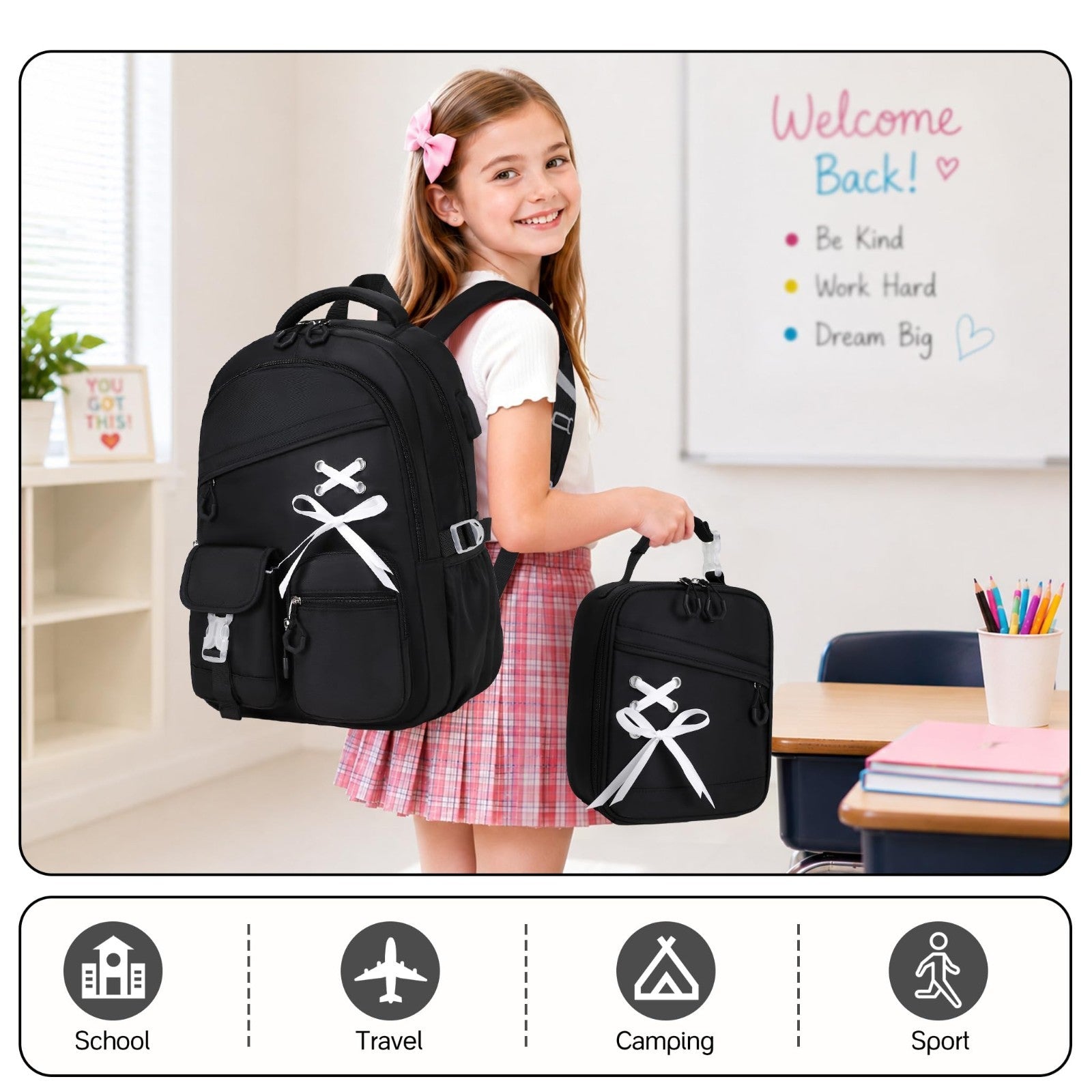 3PCS Girls School Backpack Set with Lunch Box & Pencil Pouch   Stylish & Durable5