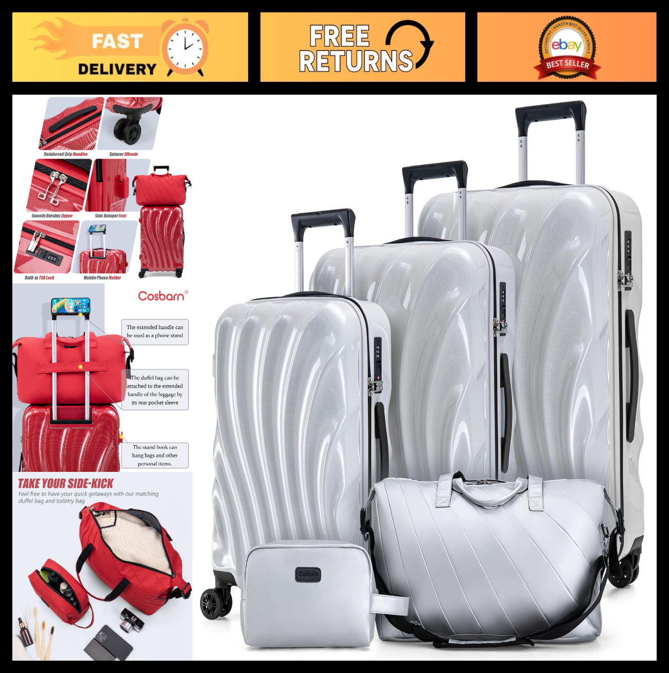 5-Piece Hardshell Luggage Set with Wheels, TSA Lock, Phone Holder - Durable Trav0