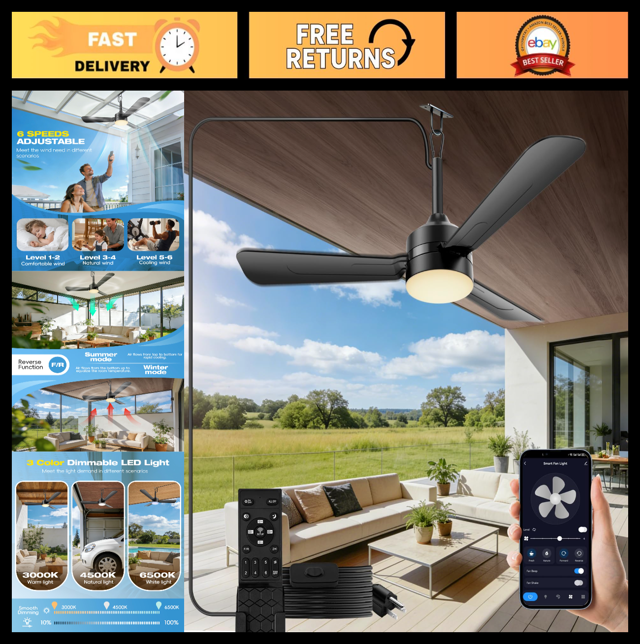 36" Plug in Ceiling Fan Light with Remote, Dimmable 3CCT LED, Reversible, Portab0