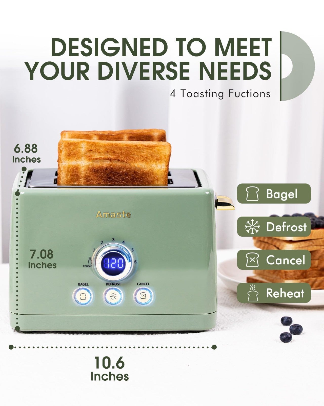 Retro 2 Slice Toaster with LED Display, Extra Wide Slots, 6 Shade Settings, Bage2