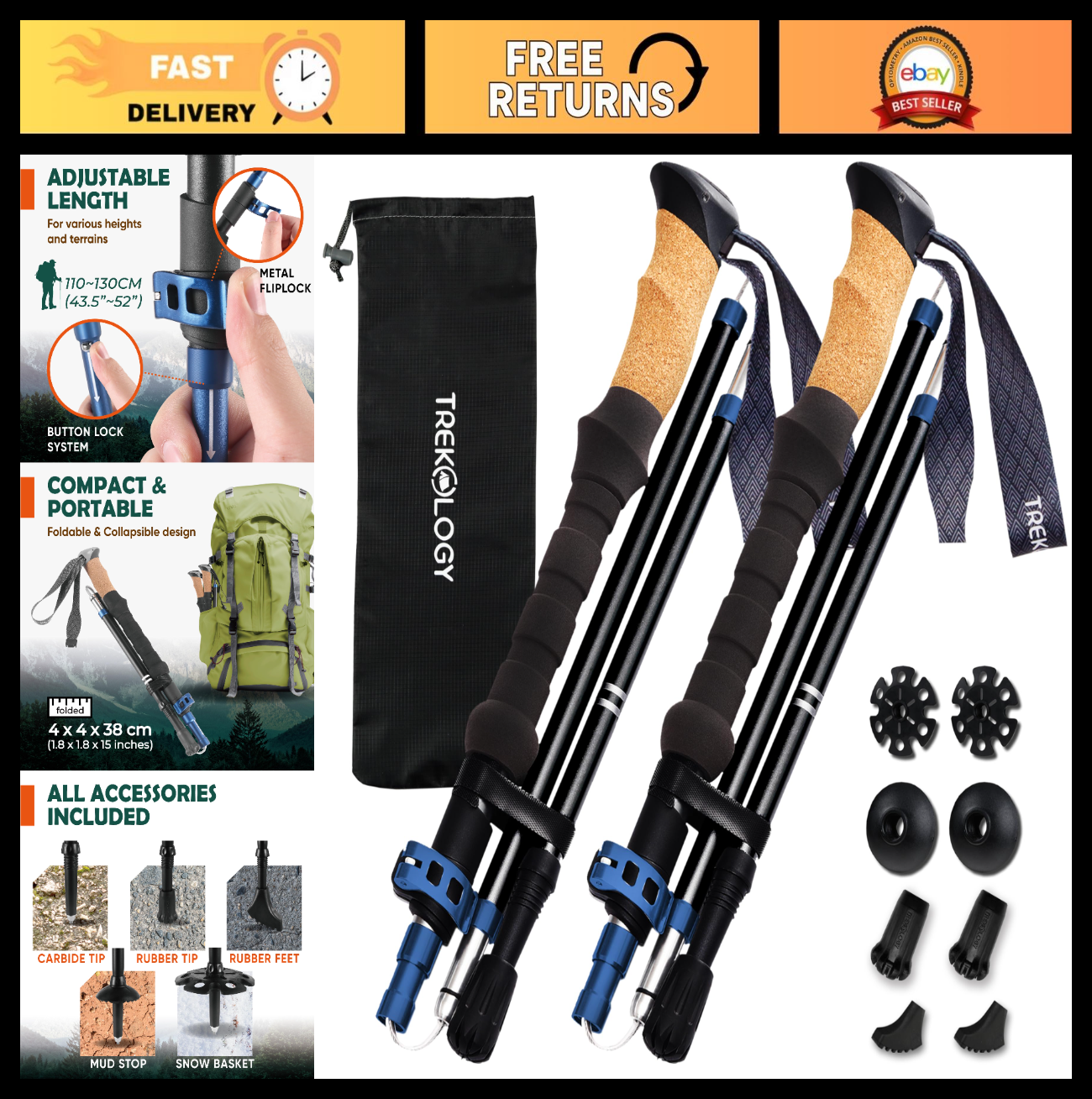 Lightweight Adjustable Trekking Poles with Cork Grip - Compact Hiking Sticks for0