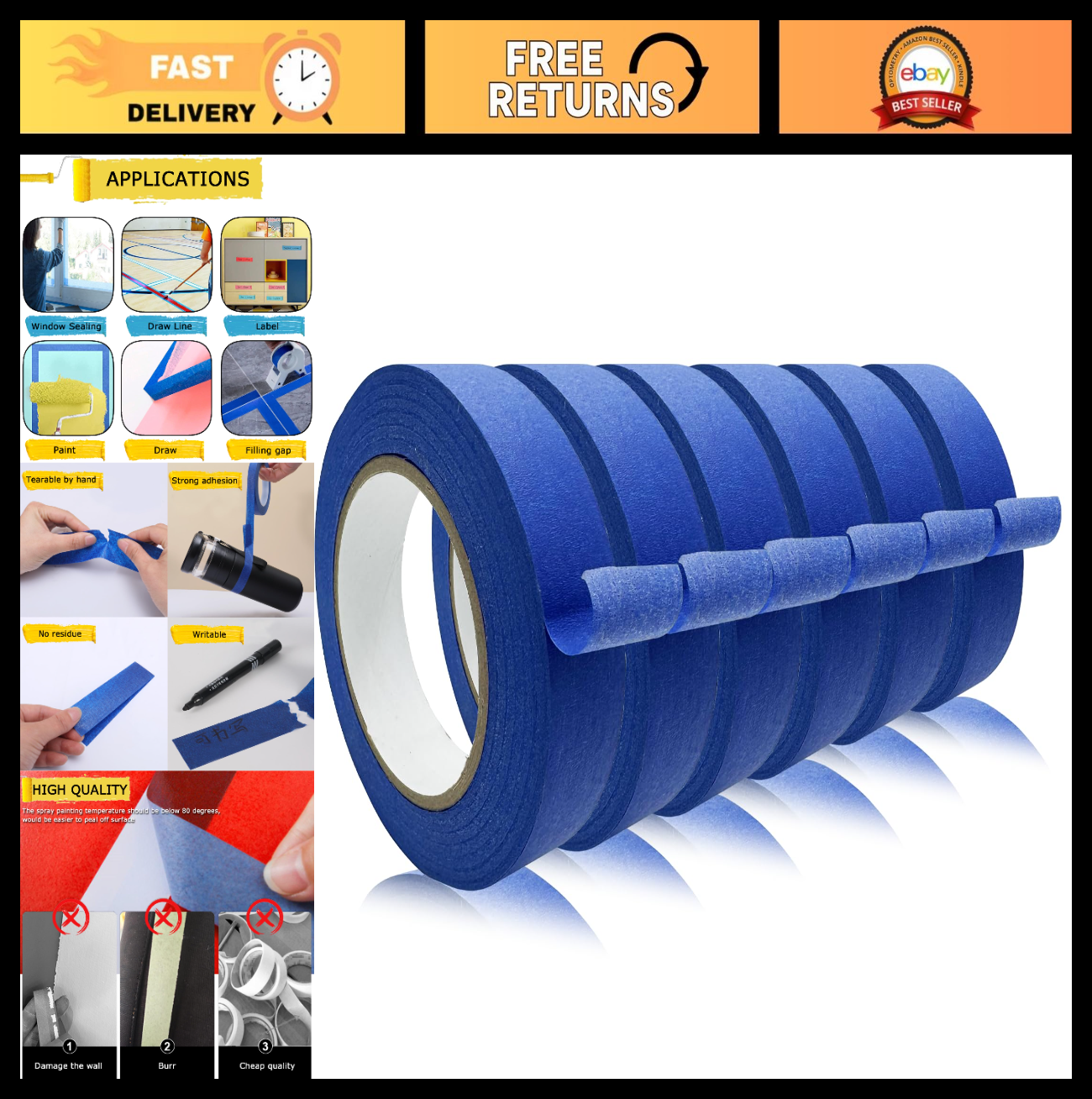 Multi Purpose Blue Masking Tape   Painters, Crafts, Labeling, 6 Rolls, 360.6 YDS0