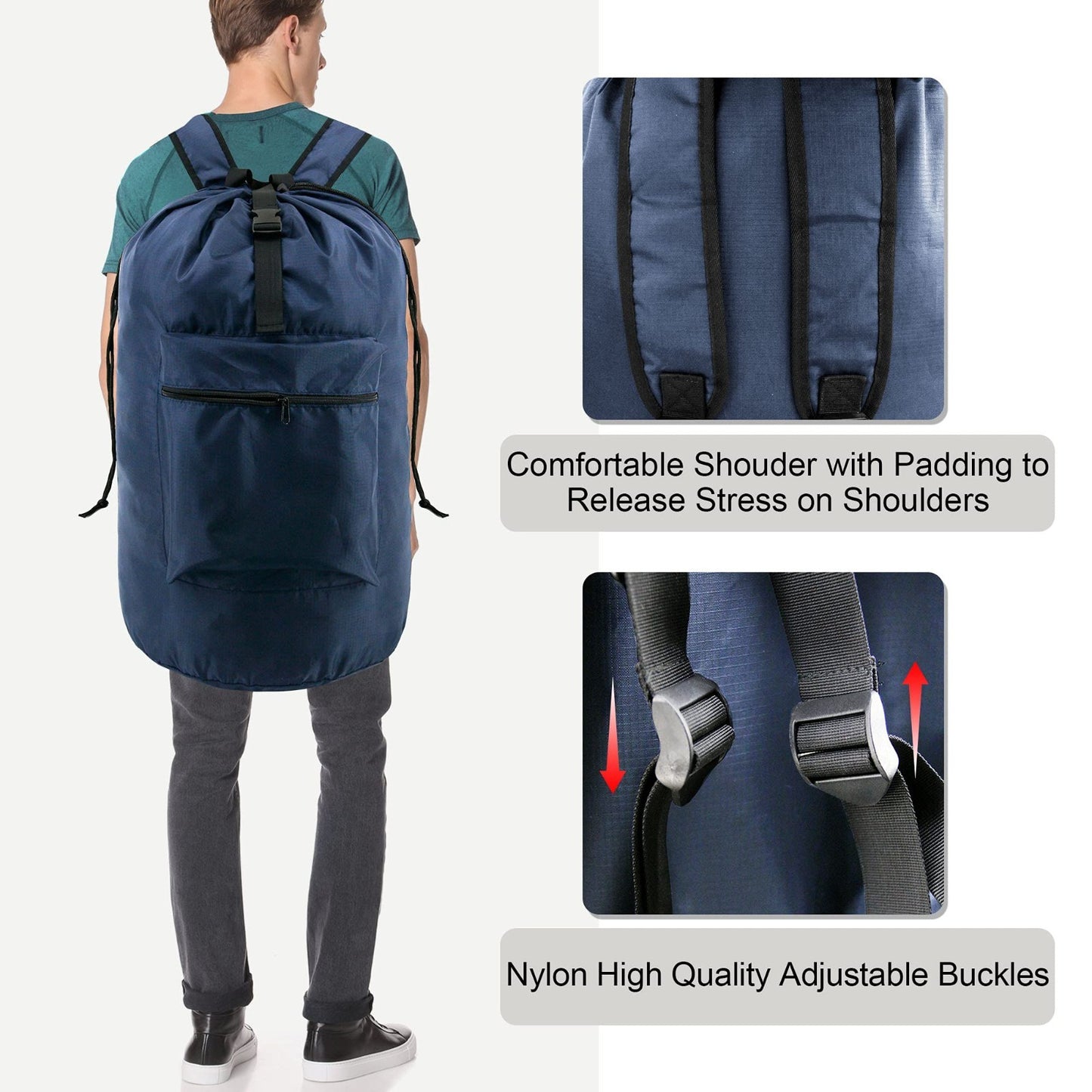 Navy Blue Travel Laundry Bag with Drawstring & Handle - Washable Hamper Sack for3
