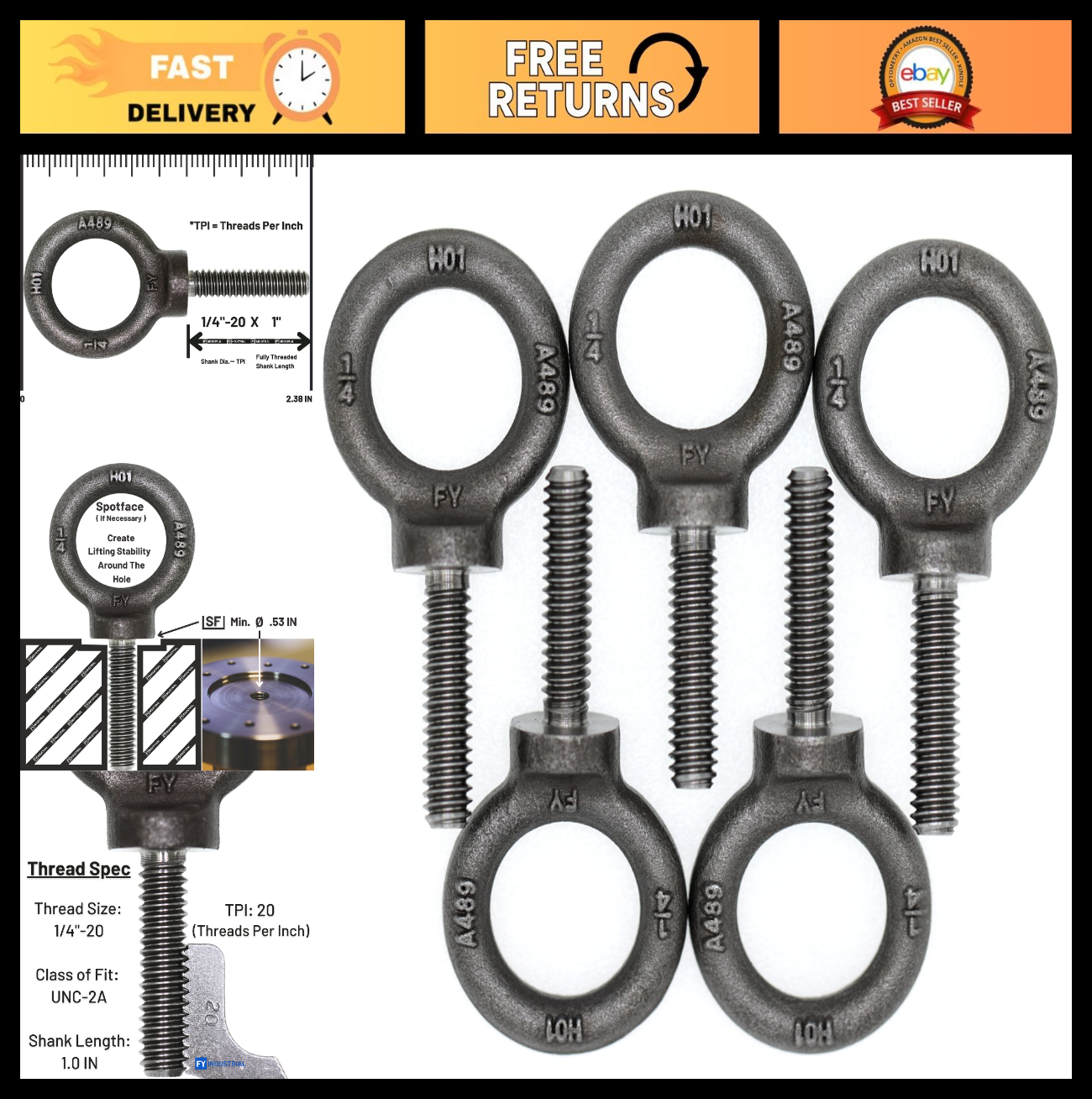 5 Pcs Heavy-Duty Lifting Shoulder Eye Bolts 1/4"-20 X 1" for Secure Rigging0