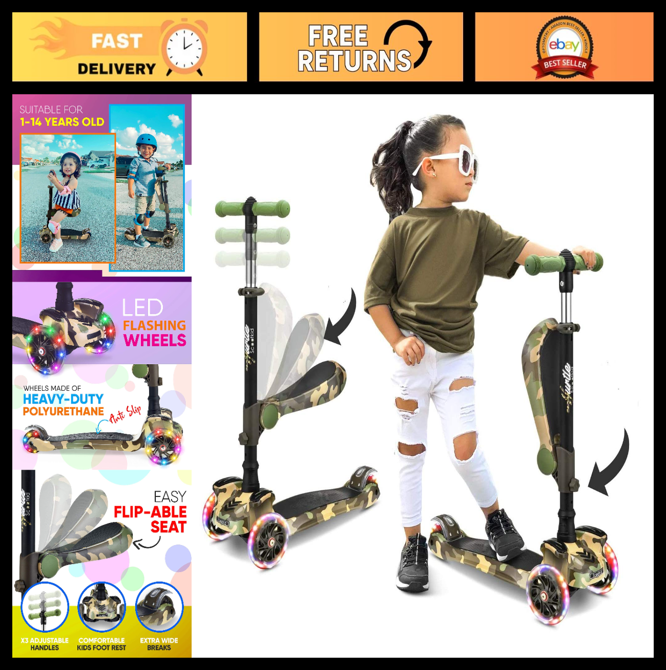 3-Wheeled Kids Scooter with LED Lights, Adjustable Handlebar, Foldable Seat - Si0
