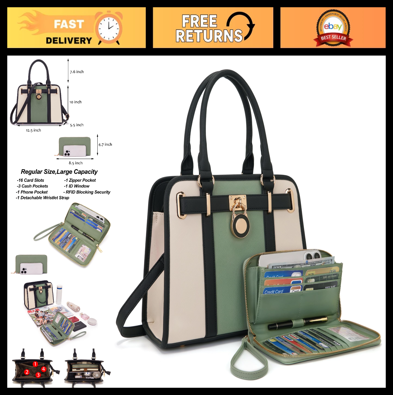 Stylish Women's Structured Satchel Tote Handbag Set with RFID Wallet - Fashion P0