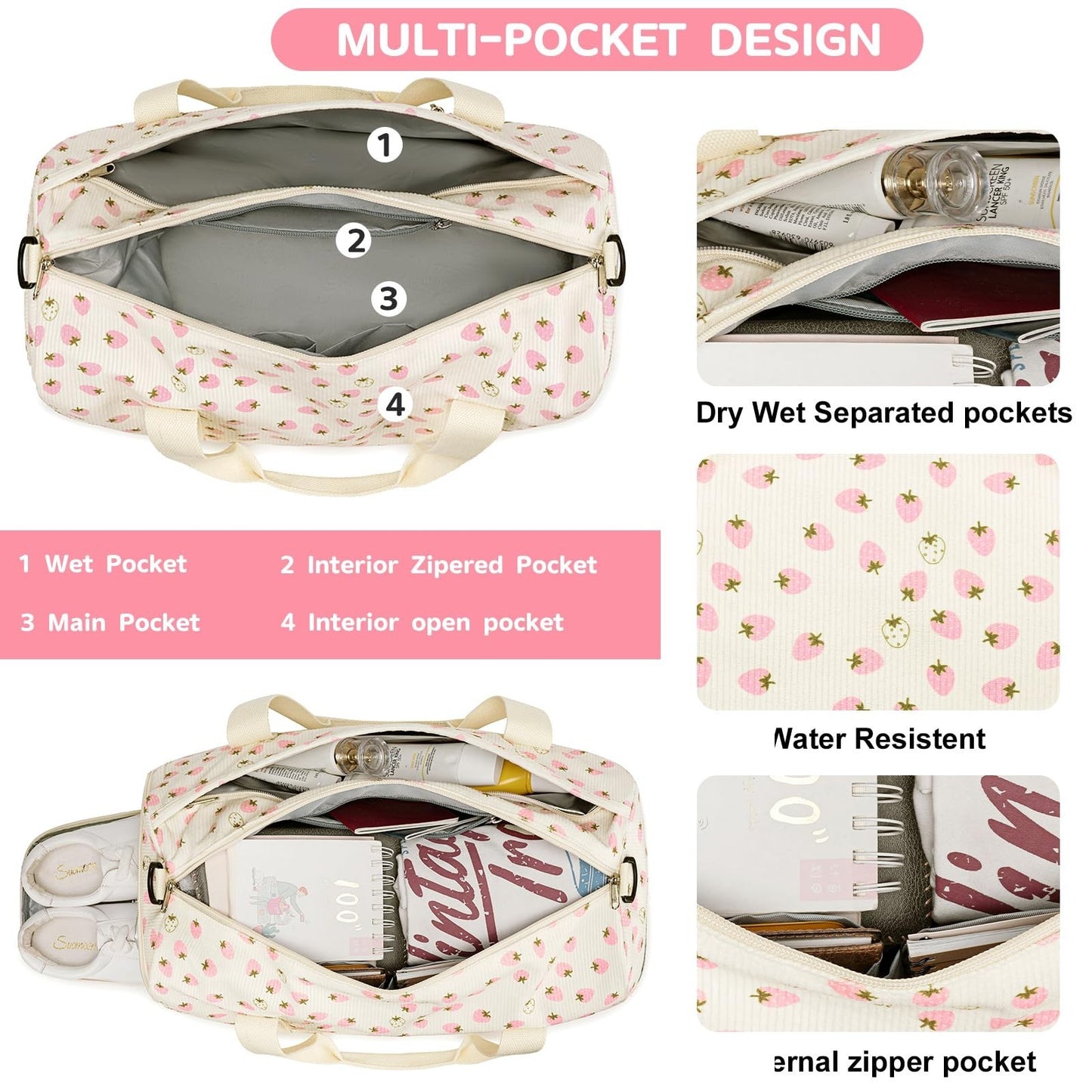 Cute Girls Duffle Bag with Shoes Compartment, Waterproof Gym & Travel Bag3
