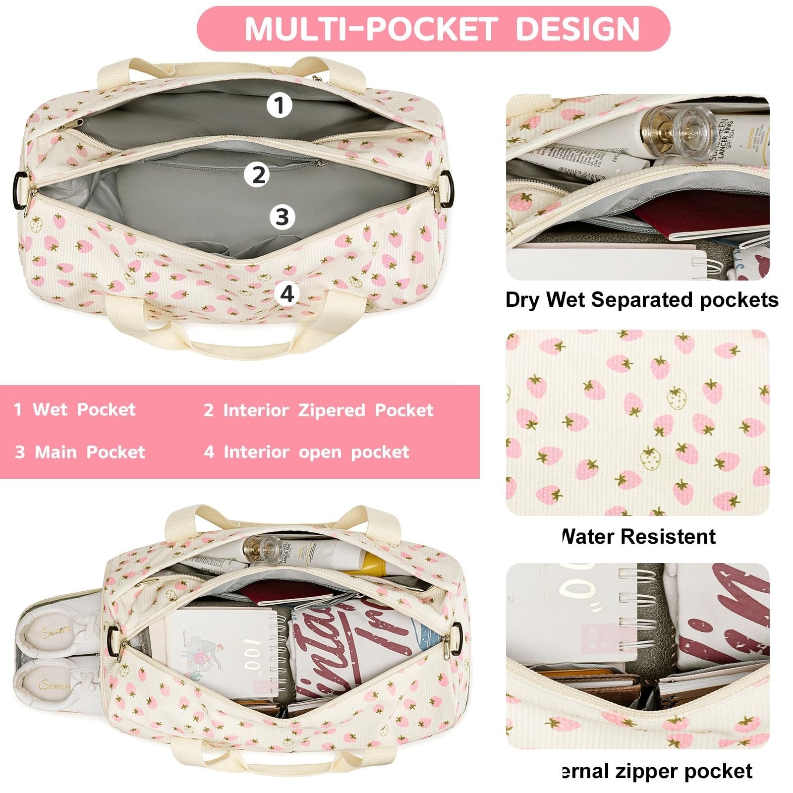 Cute Girls Duffle Bag with Shoes Compartment, Waterproof Gym & Travel Bag3