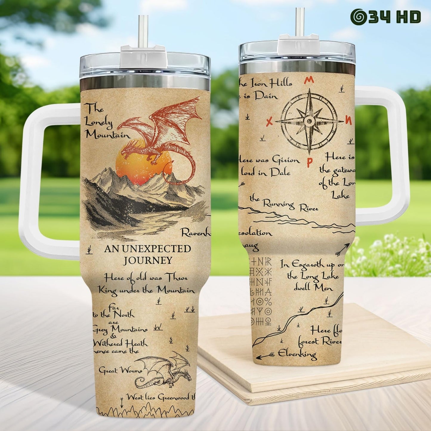 Fantasy Dragon Mountain Tumbler 40oz with Handle & Straw   Insulated Travel Mug2