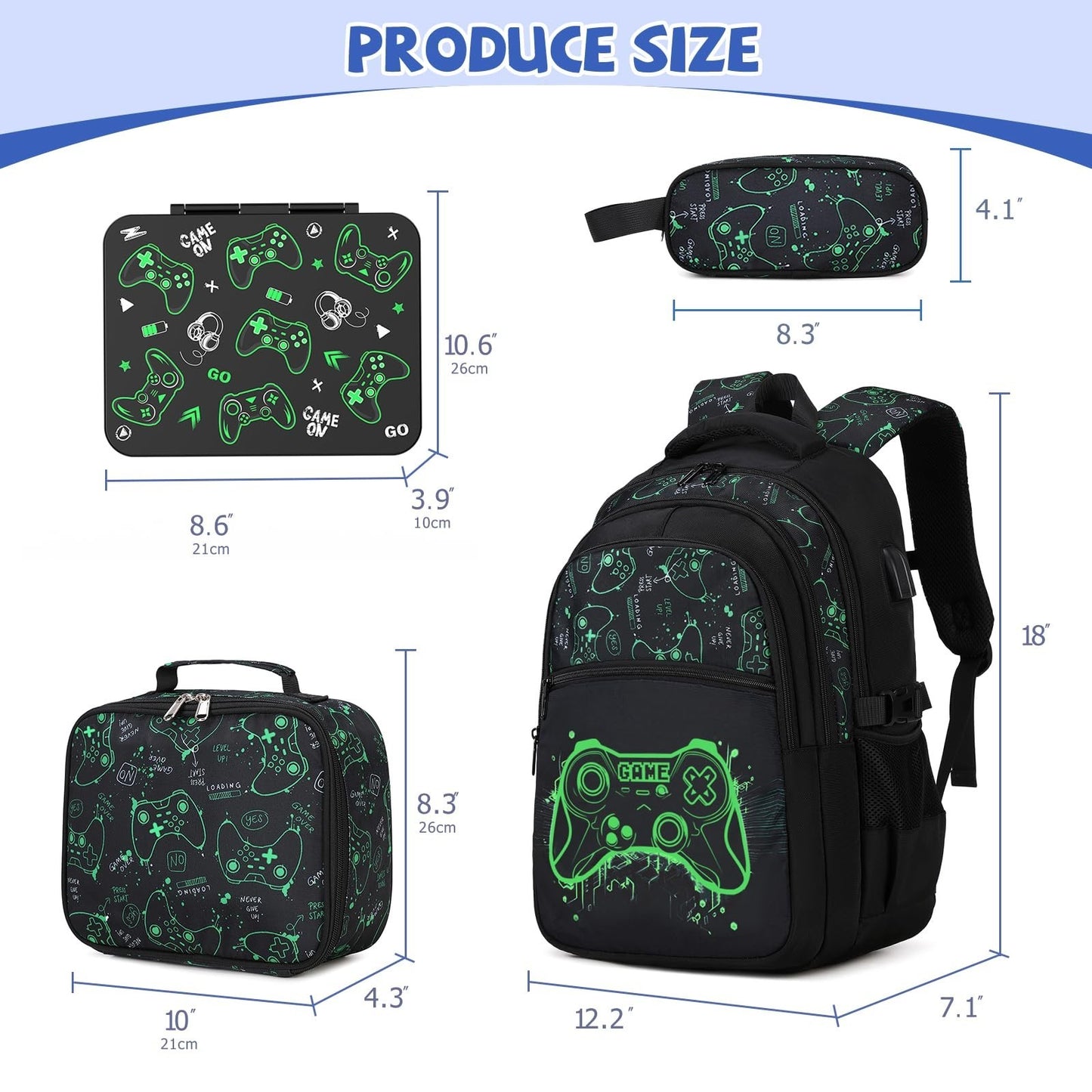 Cool Luminous Boys Backpack Set   6PCS Gamer Bag, Lunch Box & Pencil Case for Sc1