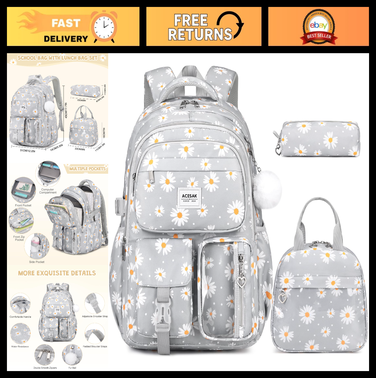 Stylish Girls Backpack Set with Lunch Bag & Pencil Pouch   Teen Laptop Bookbag,0