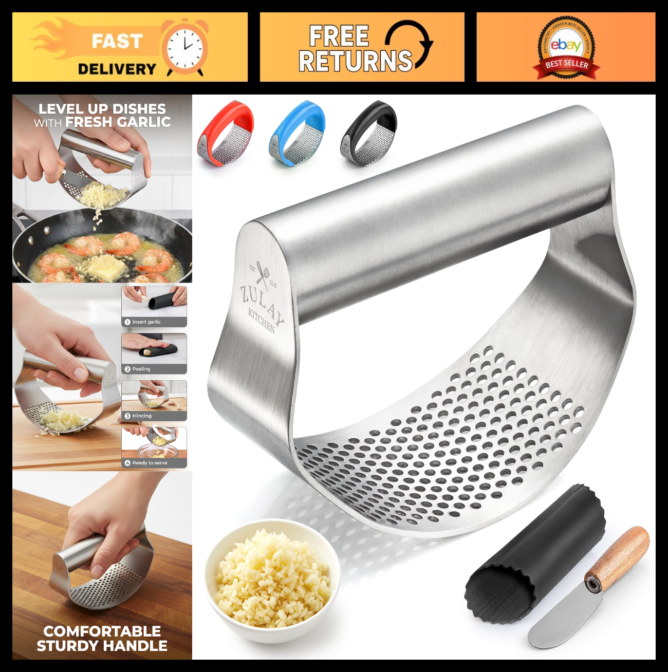 Stainless Steel Garlic Press Rocker Set   Durable Mincer Tool, Easy Clean, Peele0