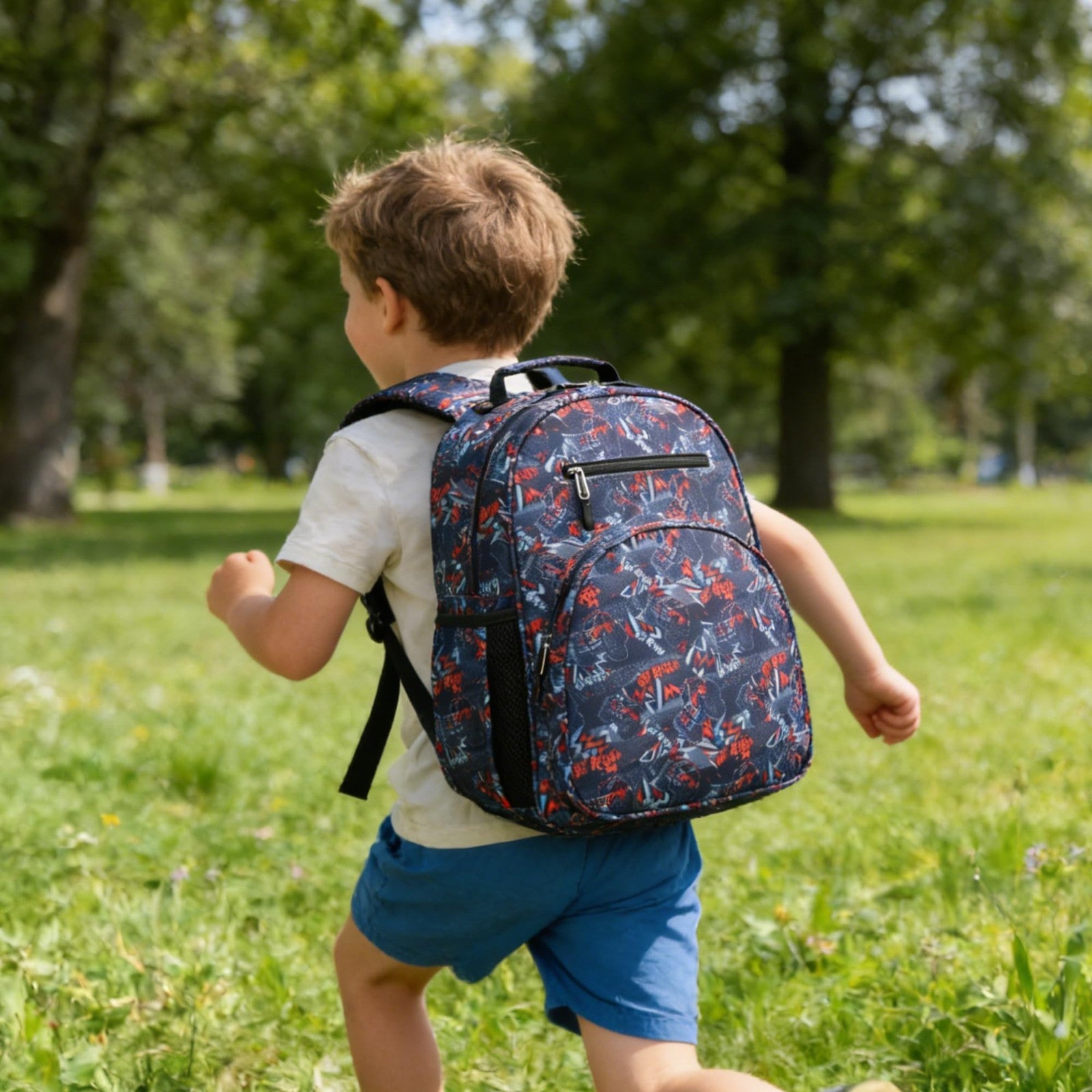 Lightweight Kids Backpack for Boys, Cute School Bag for Ages 4 8, Navy Blue Cars1