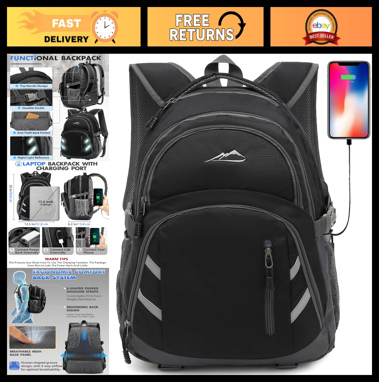 College Laptop Backpack, Travel Bookbag with USB Charging Port, Anti Theft, Fits0