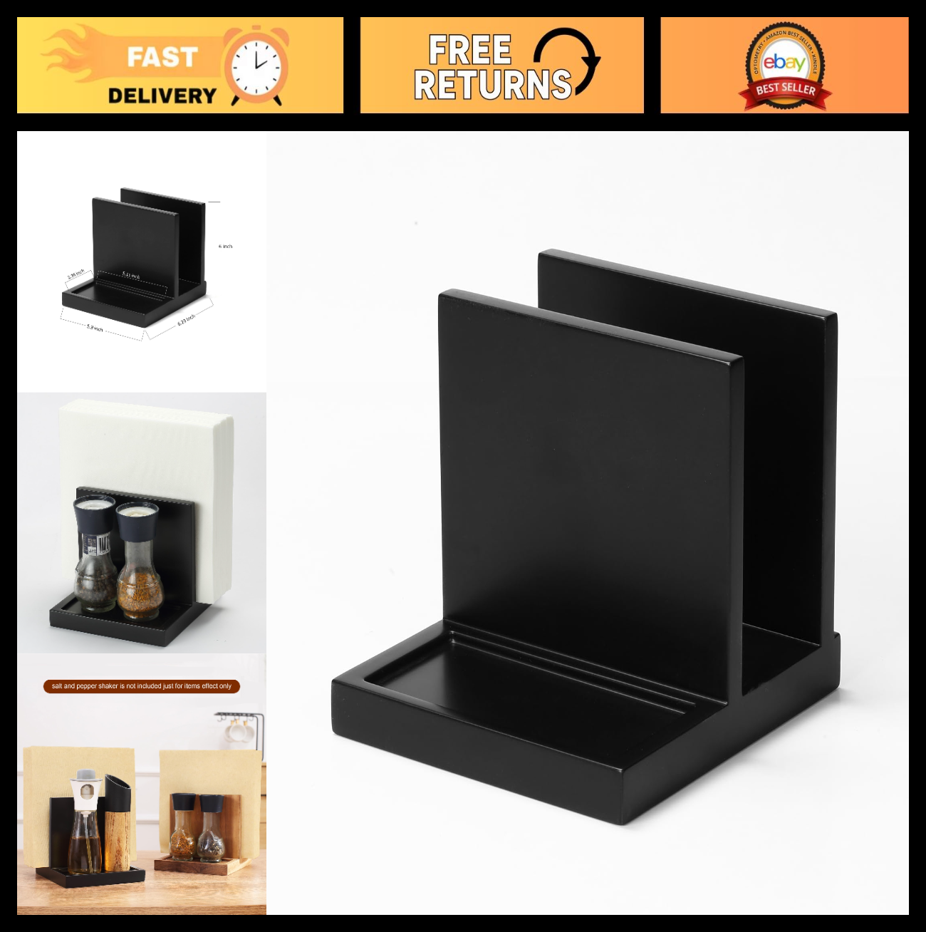 Wooden Napkin Holder with Salt & Pepper Shakers Caddy - Kitchen, Bar, Office Déc0