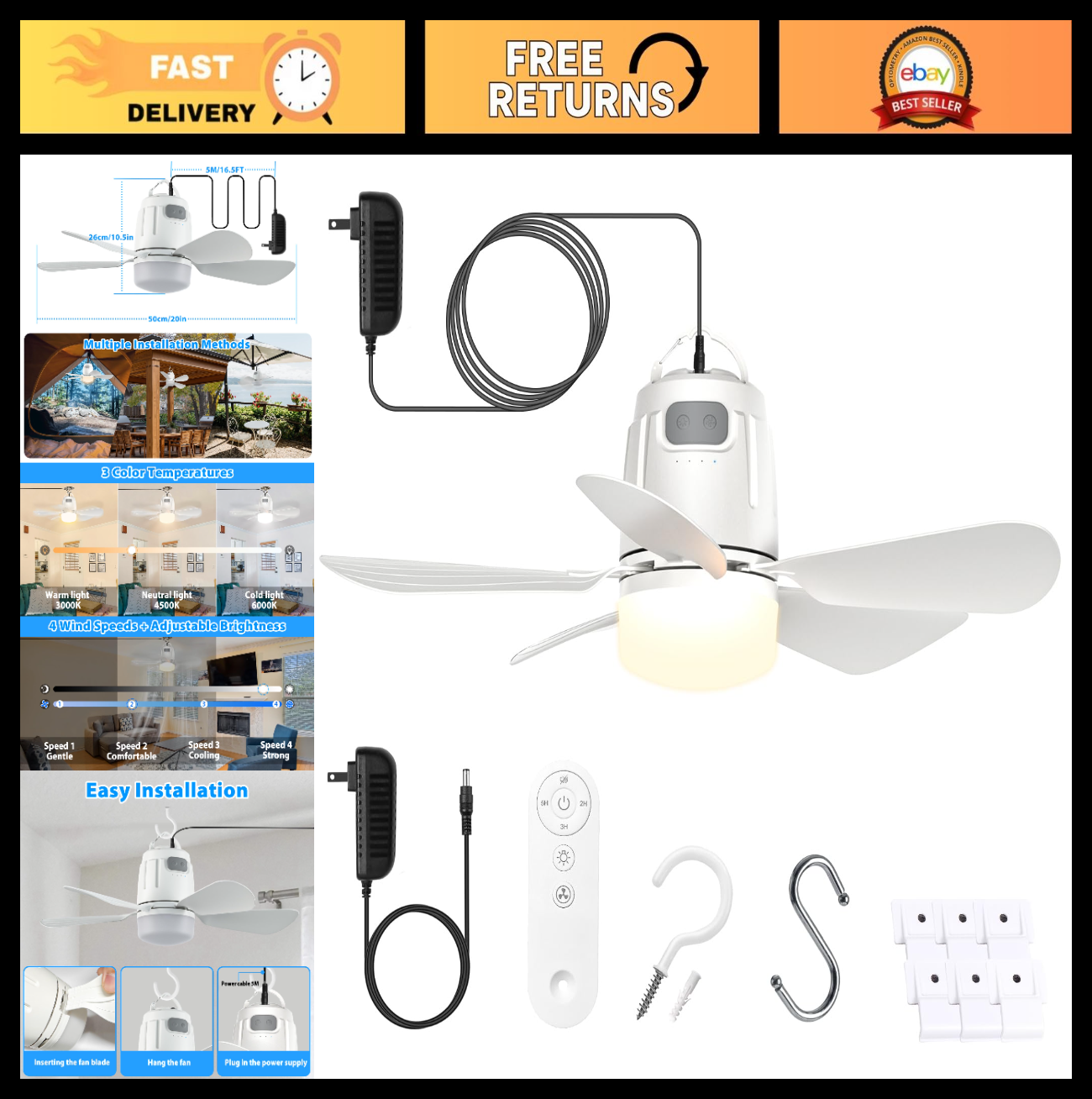Outdoor Hanging Gazebo Fan with Light, 16.5ft Cord, Remote, Portable for Patio,0
