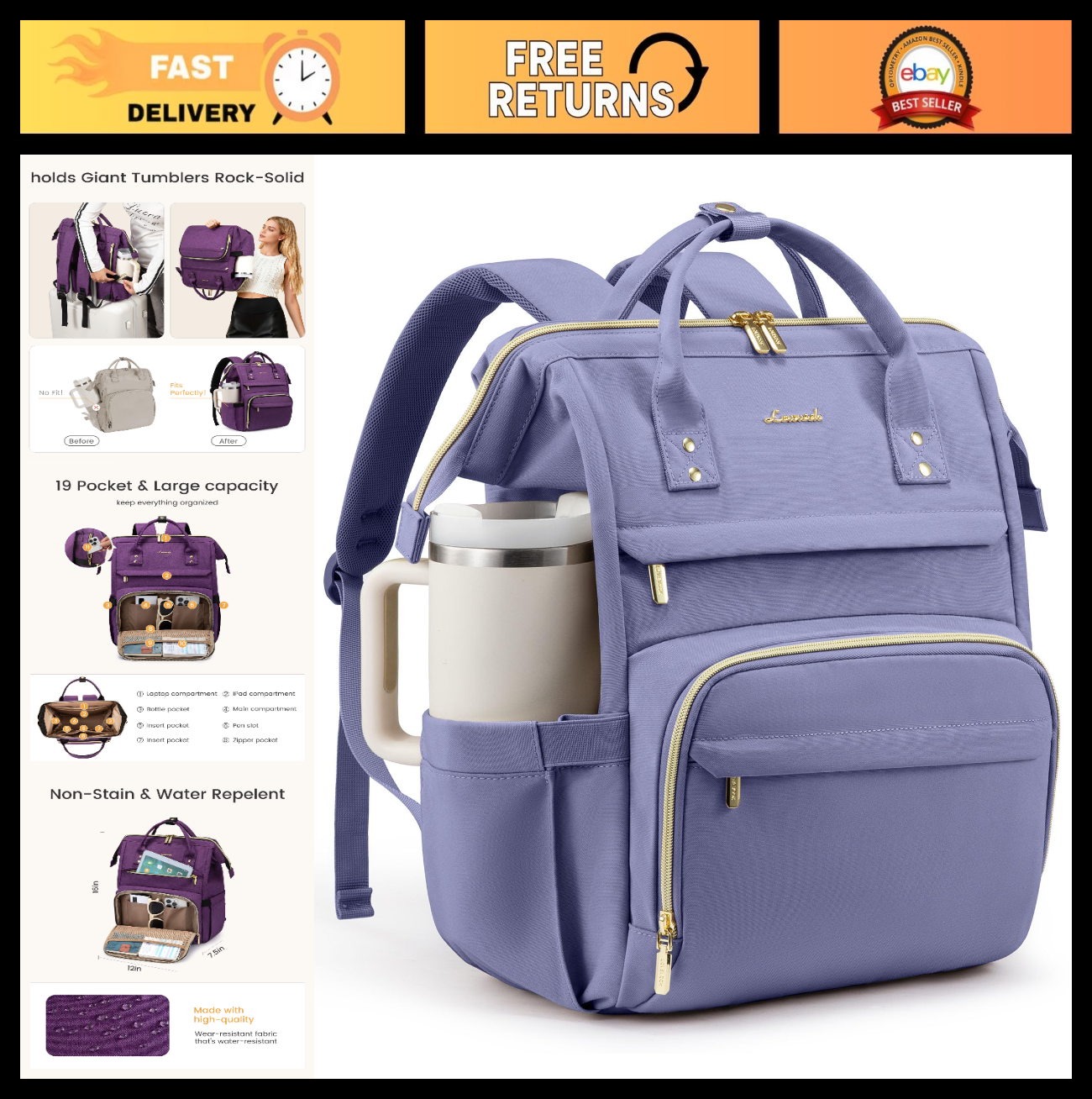 Stylish Waterproof Laptop Backpack for Women, 15.6" Travel Bag with Tumbler Hold0