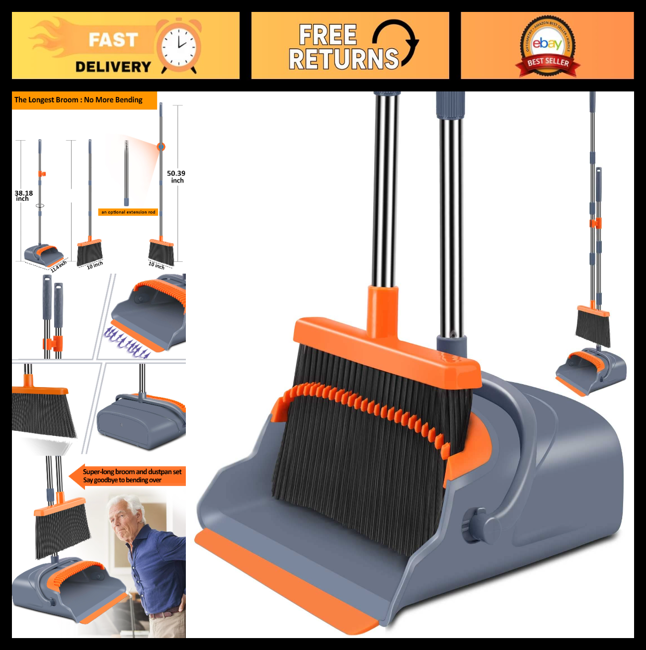 Self-Cleaning Broom & Dustpan Set with Teeth, Indoor/Outdoor Pet Hair Sweeper0