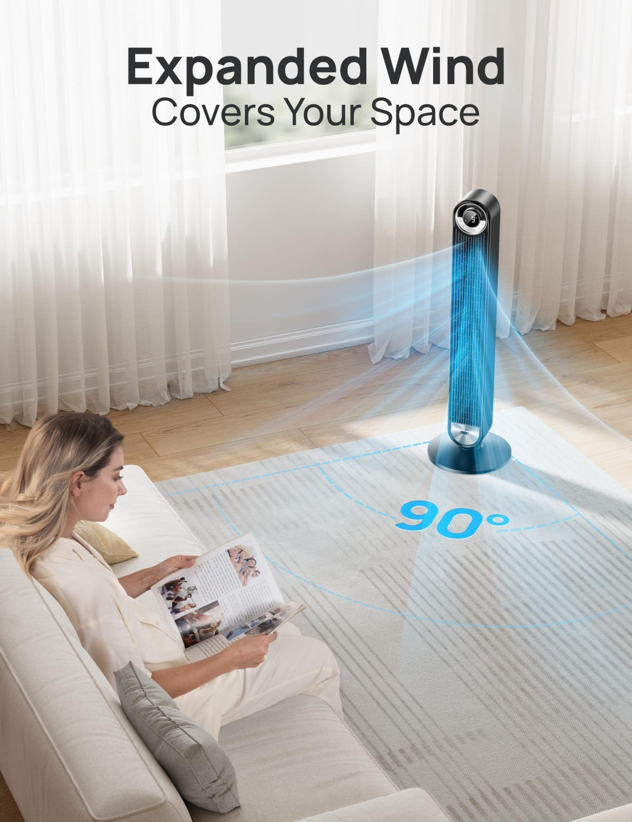 Bladeless Tower Fan with 9 Speeds, 90° Oscillation, 20dB Quiet, 12H Timer   Idea5