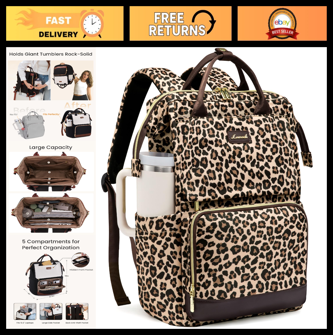 Stylish Laptop Backpack for Women   Giant Tumbler Holder, Travel, Work, Nurse, T0