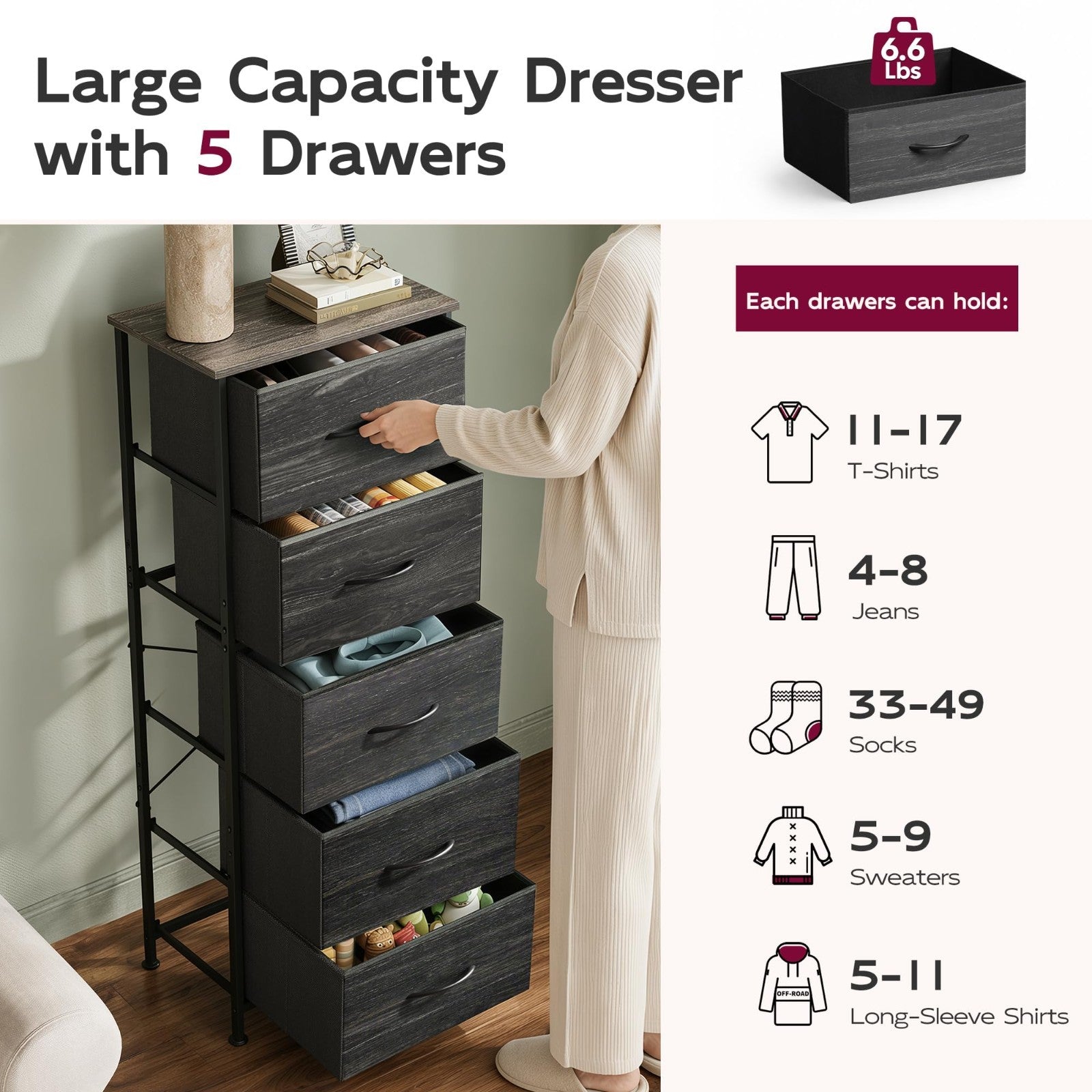 5-Drawer Tall Dresser Chest, Vertical Fabric Drawers, Black Wood Grain, Space-Sa5