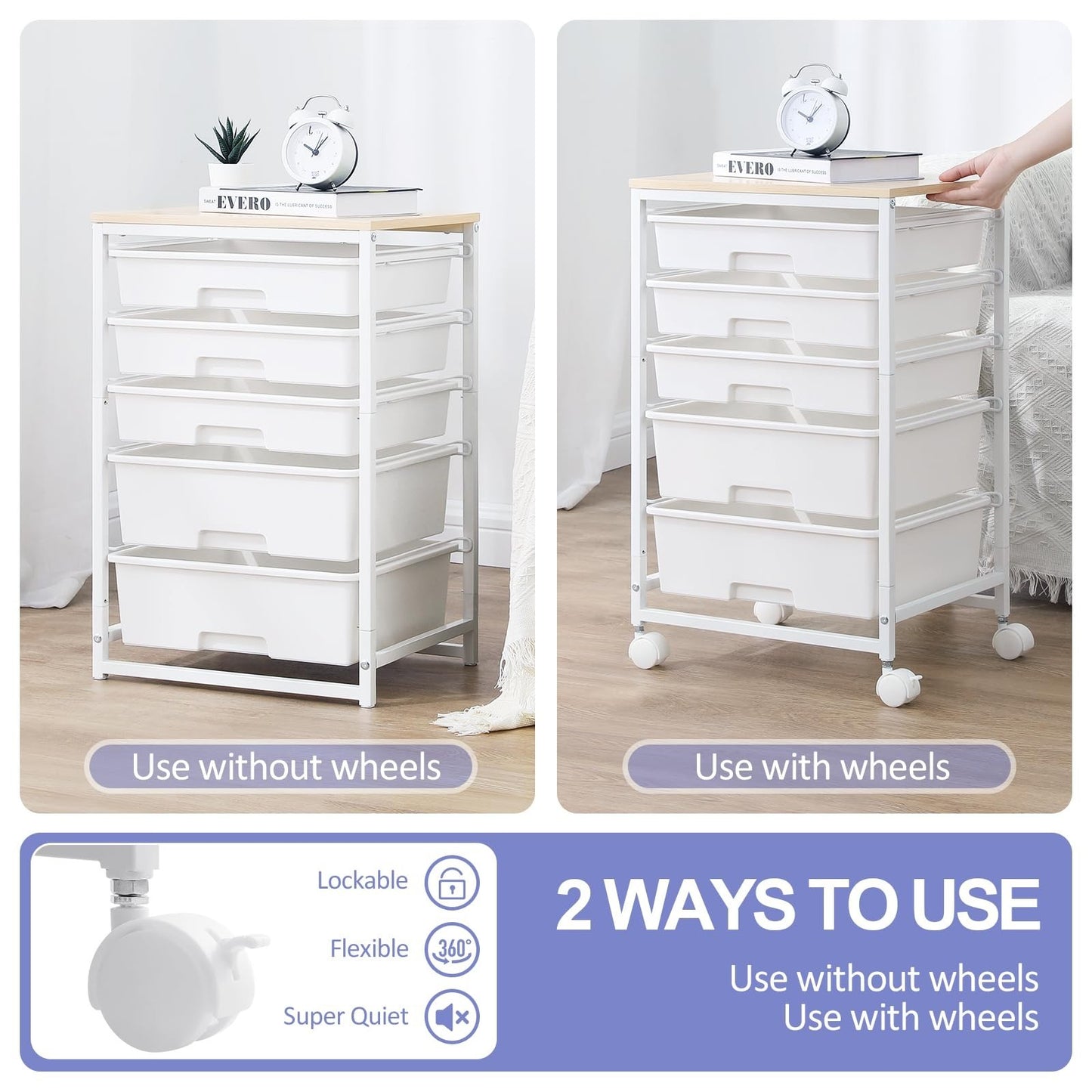 5 Drawer Utility Cart with Wooden Top, Lockable Wheels, Rolling Craft Storage Tr6