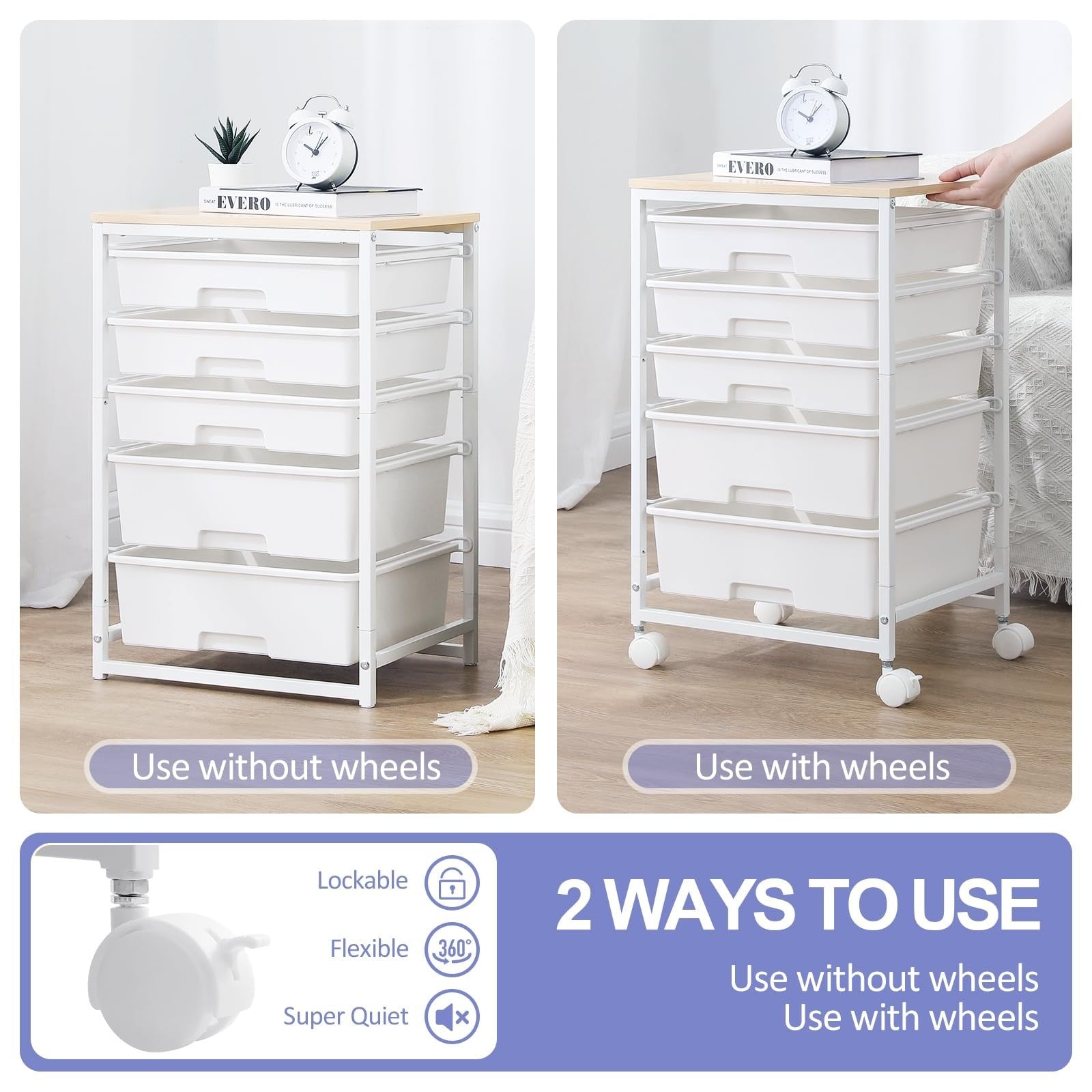 5 Drawer Utility Cart with Wooden Top, Lockable Wheels, Rolling Craft Storage Tr6