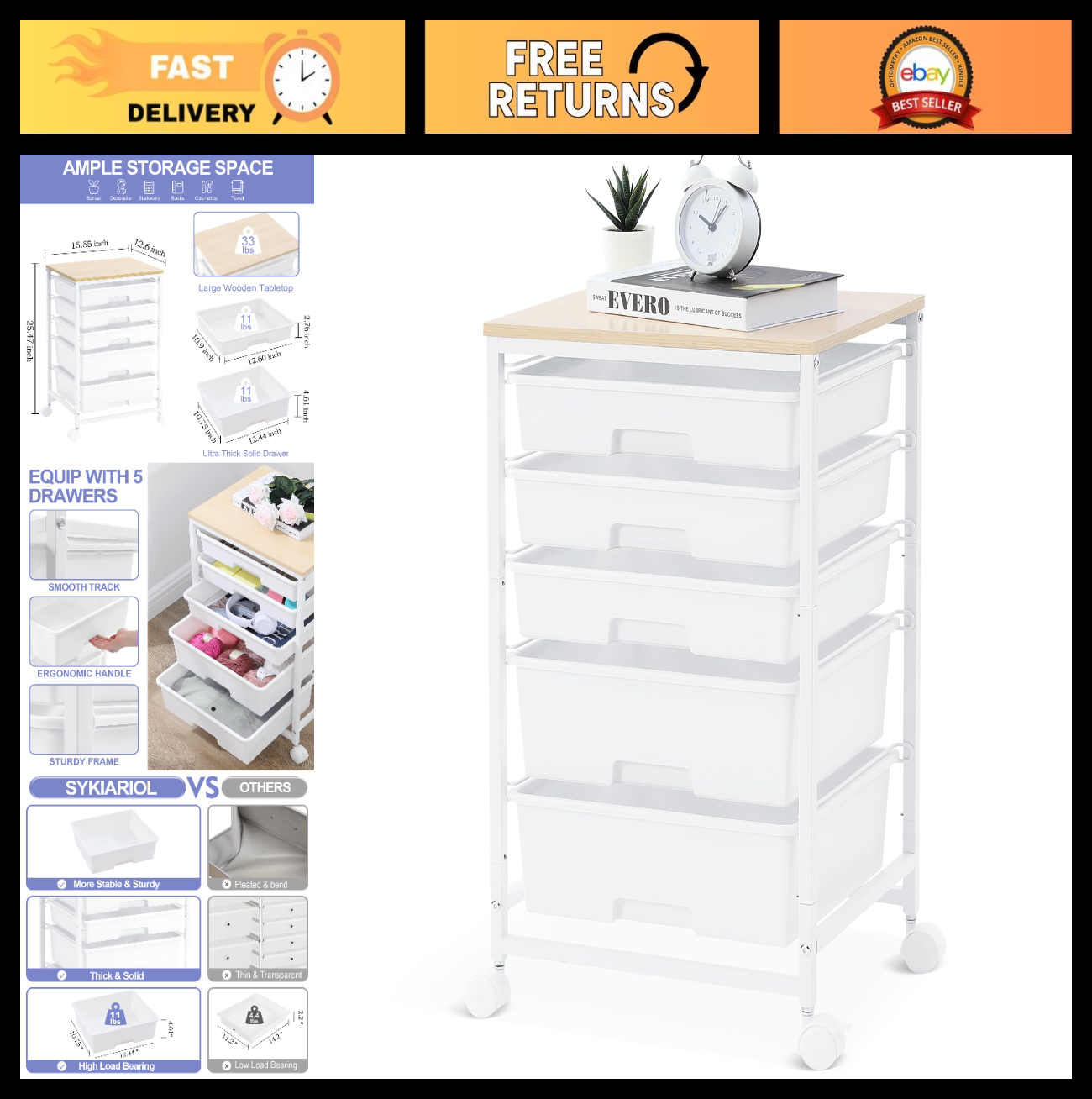 5 Drawer Utility Cart with Wooden Top, Lockable Wheels, Rolling Craft Storage Tr0