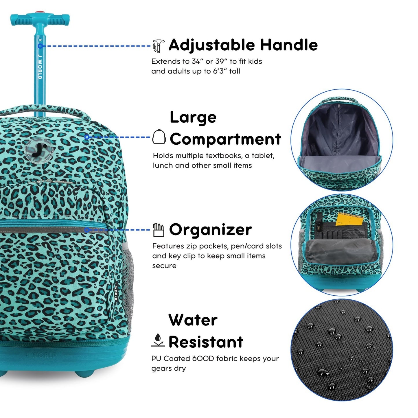 Kids Rolling Backpack with Wheels, 18" Bookbag for School, Mint Leopard Design4