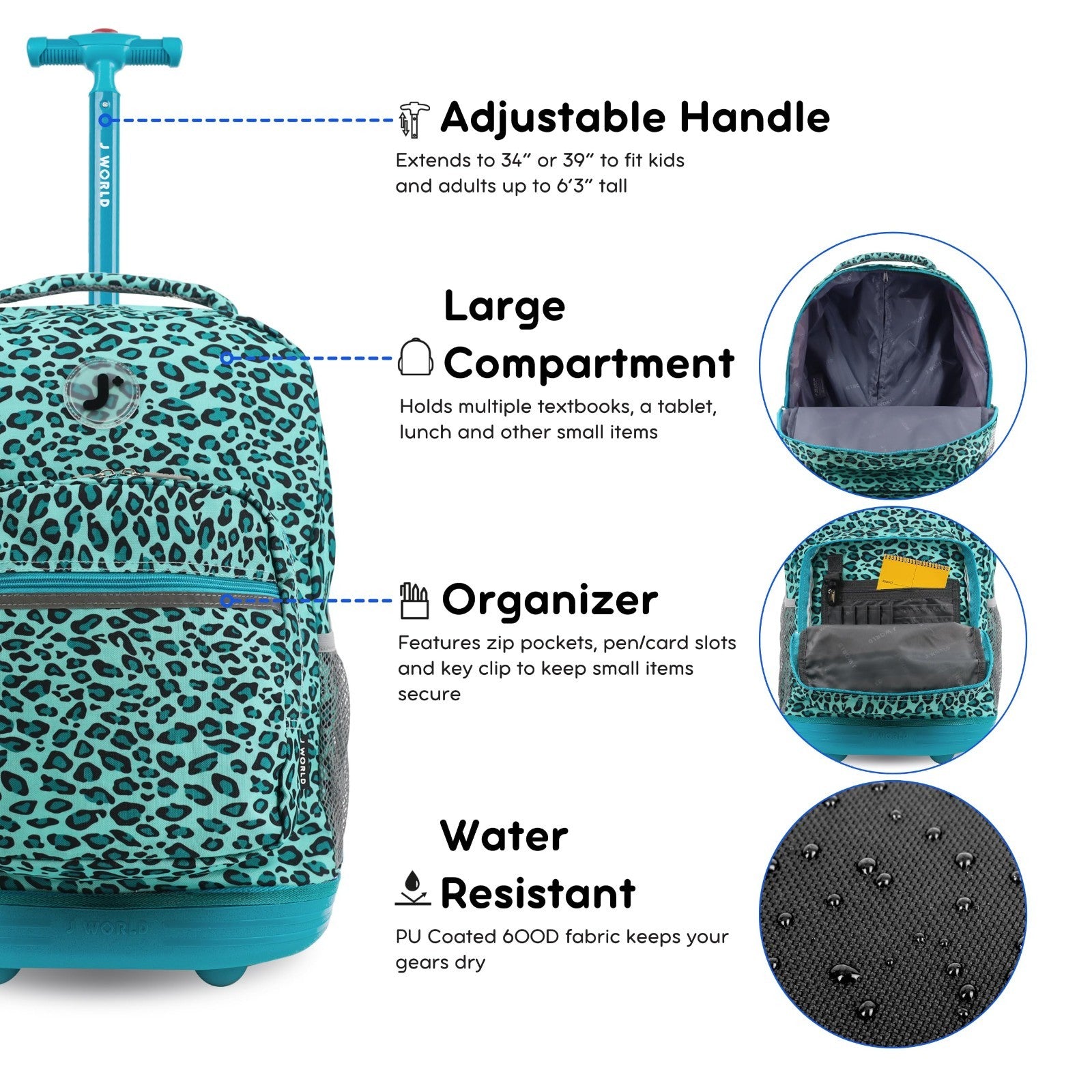Kids Rolling Backpack with Wheels, 18" Bookbag for School, Mint Leopard Design4